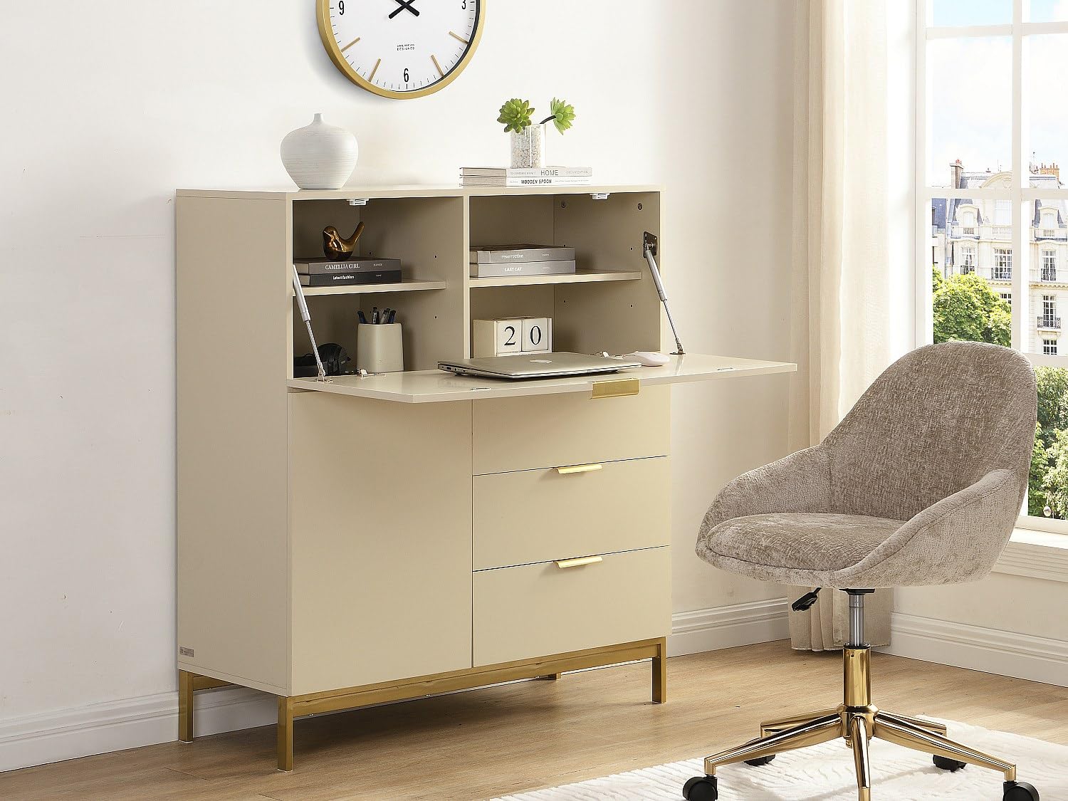 Vente-unique-Sekretär mit 2 Türen & 3 Schubladen - MDF & Metall - Beige - Erwin