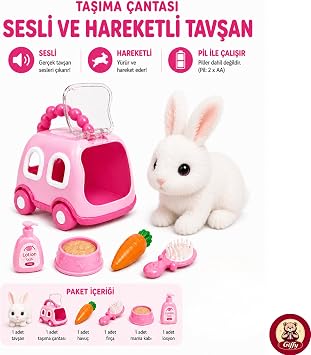 Oyuncak Sesli Işıklı Yürüyen Hareketli Köpek Kedi Tavşan Taşıma Çantalı Aksesuarlı Set Taşınabilir Çanta Emekleme Oyuncağı Aksesuarlı Çocuklar İçin Eğitici Hayvan Sevgisi (Pembe-Tavşan)