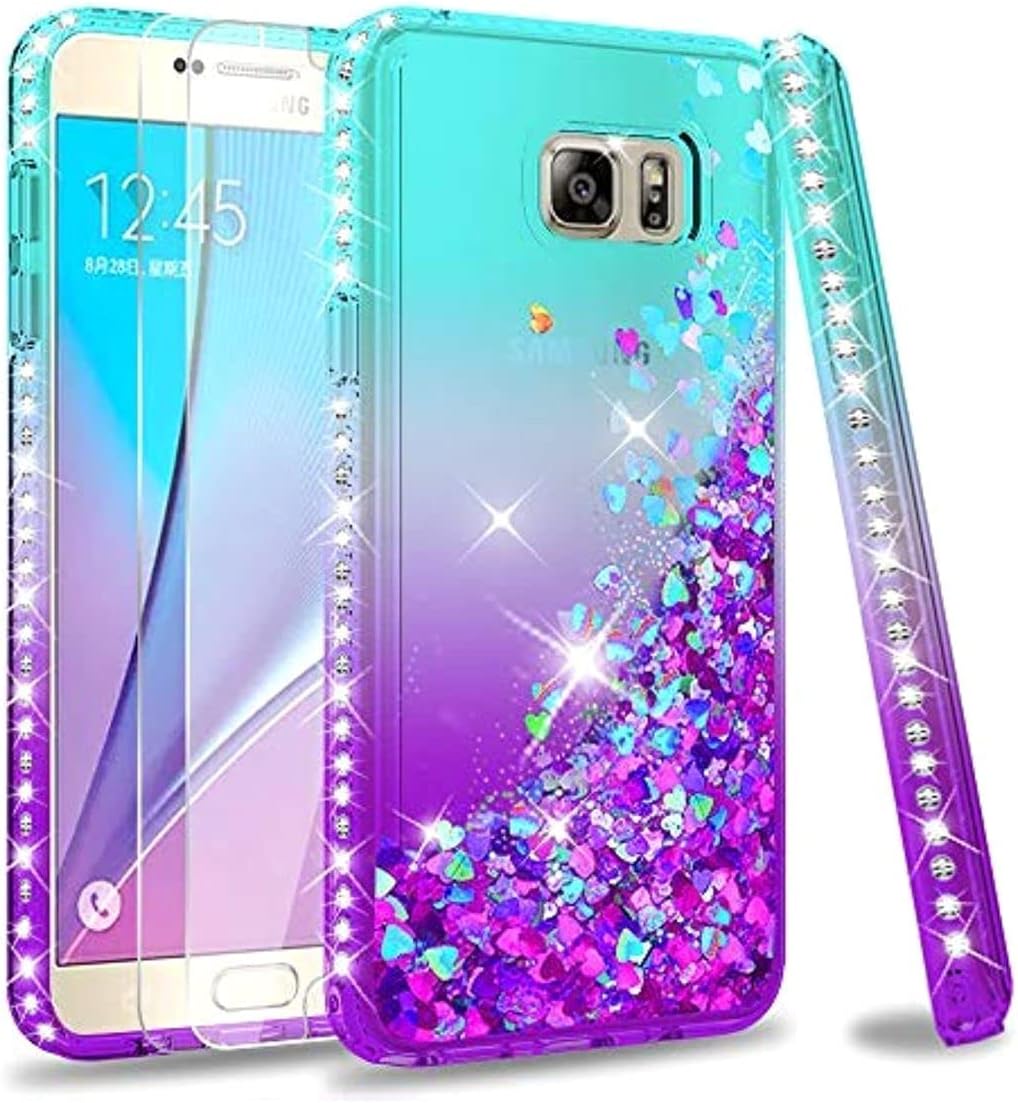 LeYi Compatible with Galaxy Note 5 Case with 2PCS Tempered Glass Screen Protector for Girls Women, Bling Phone Case for Samsung Galaxy Note 5, Teal/Purple