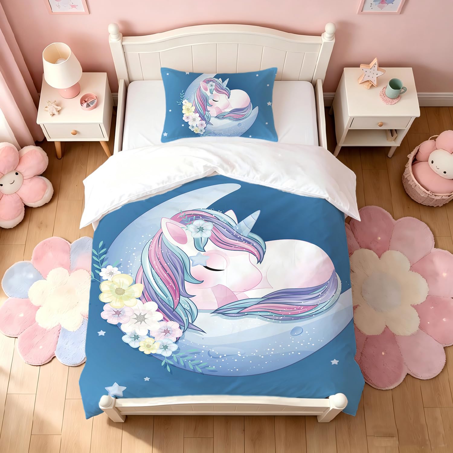 Copripiumino Singolo Bambina 135x200cm, Blu Arcobaleno Unicorno Motivo Microfibra Biancheria da letto - Copripiumino 135x200 e 1 Federa 50X75cm