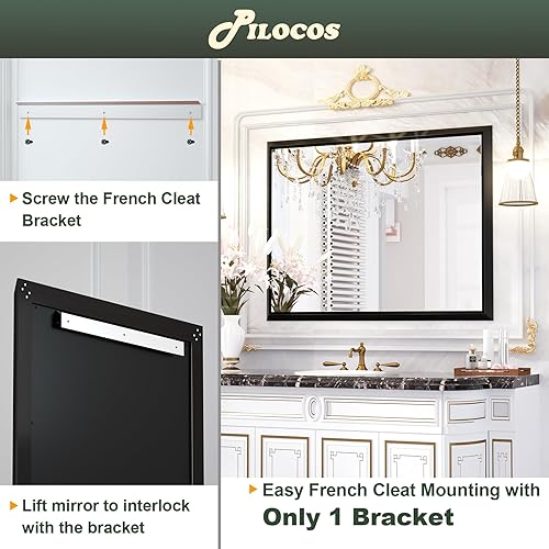 Miniatura 7 de Espejo de baño con marco negro de 36 x 30 pulgadas para pared, espejo rectangular de tocador de baño, espejo de pared negro mate con marco biselado