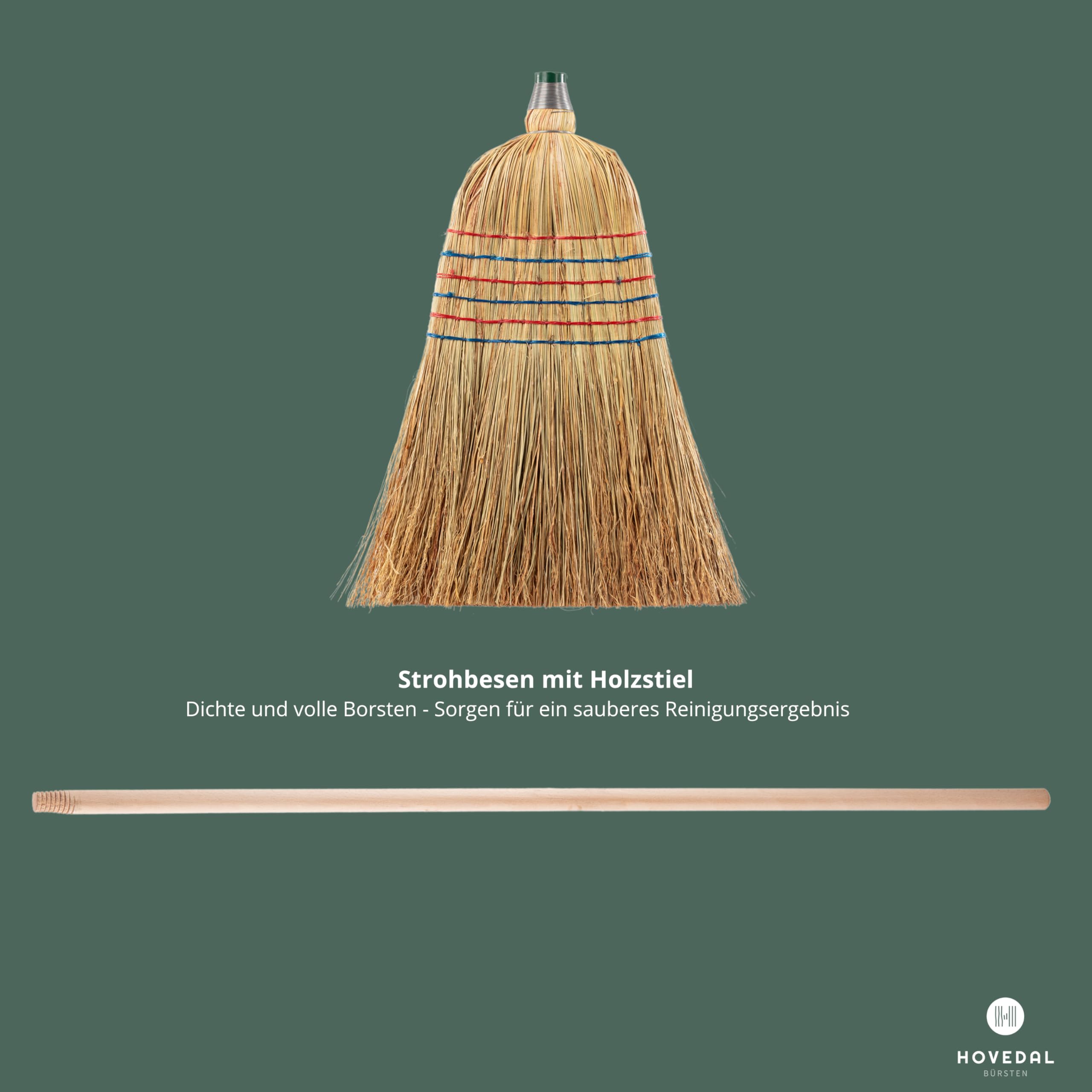 Strohbesen, Reisstrohbesen mit Stiel, robuster 6 Naht Stroh Besen mit vollen Strohborsten, Strohbesen mit Stiel draußen, Profi Reisstroh Besen, ideal für Garten, Strassen, Draussen, Stall, Hof, Garage