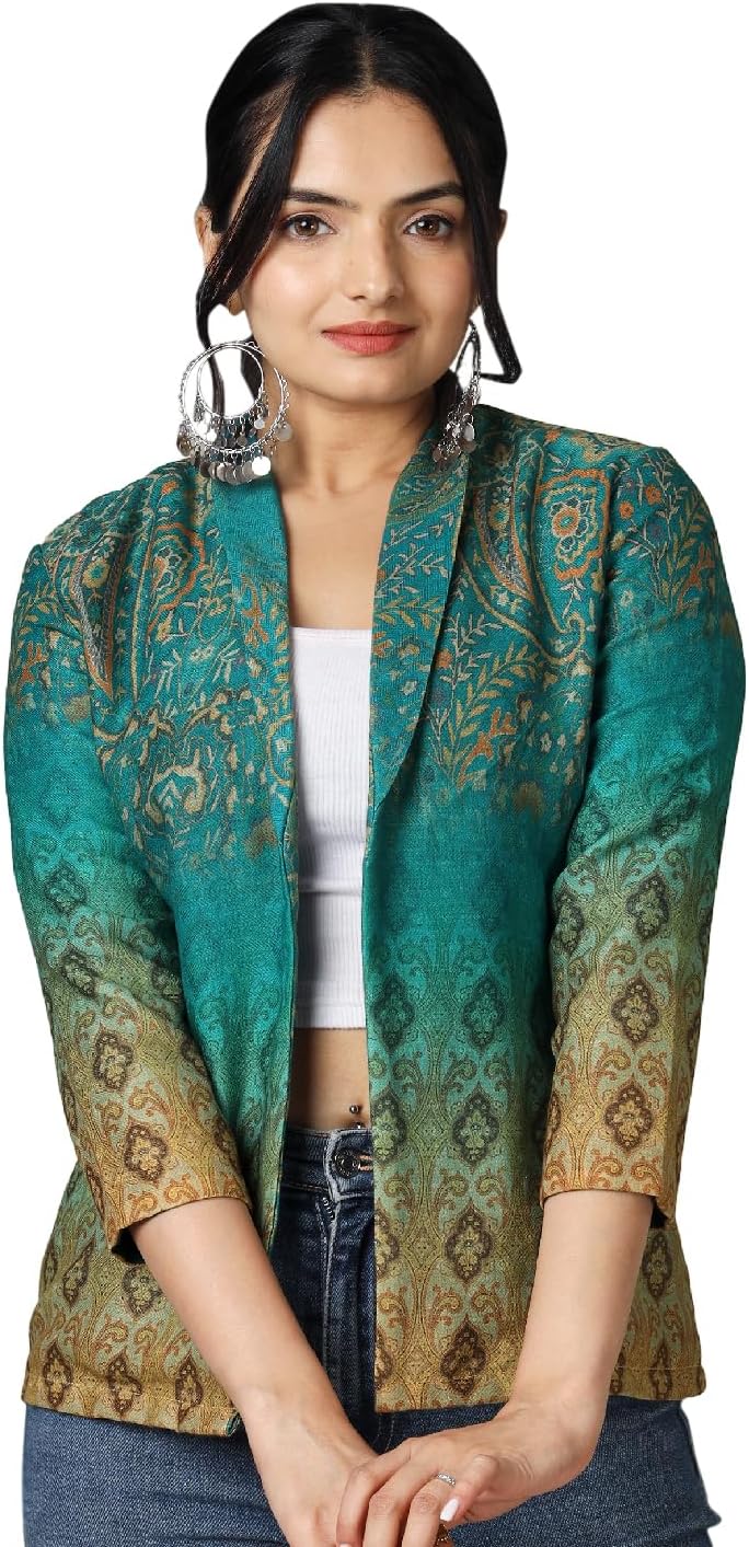 Fabcurate Cultural Charm Teal Blue Ethnic Blazer for Women | Shawl Collar with 3/4 Sleeves Pashmina Jacket for Ladies | Fashionable Casual Wear