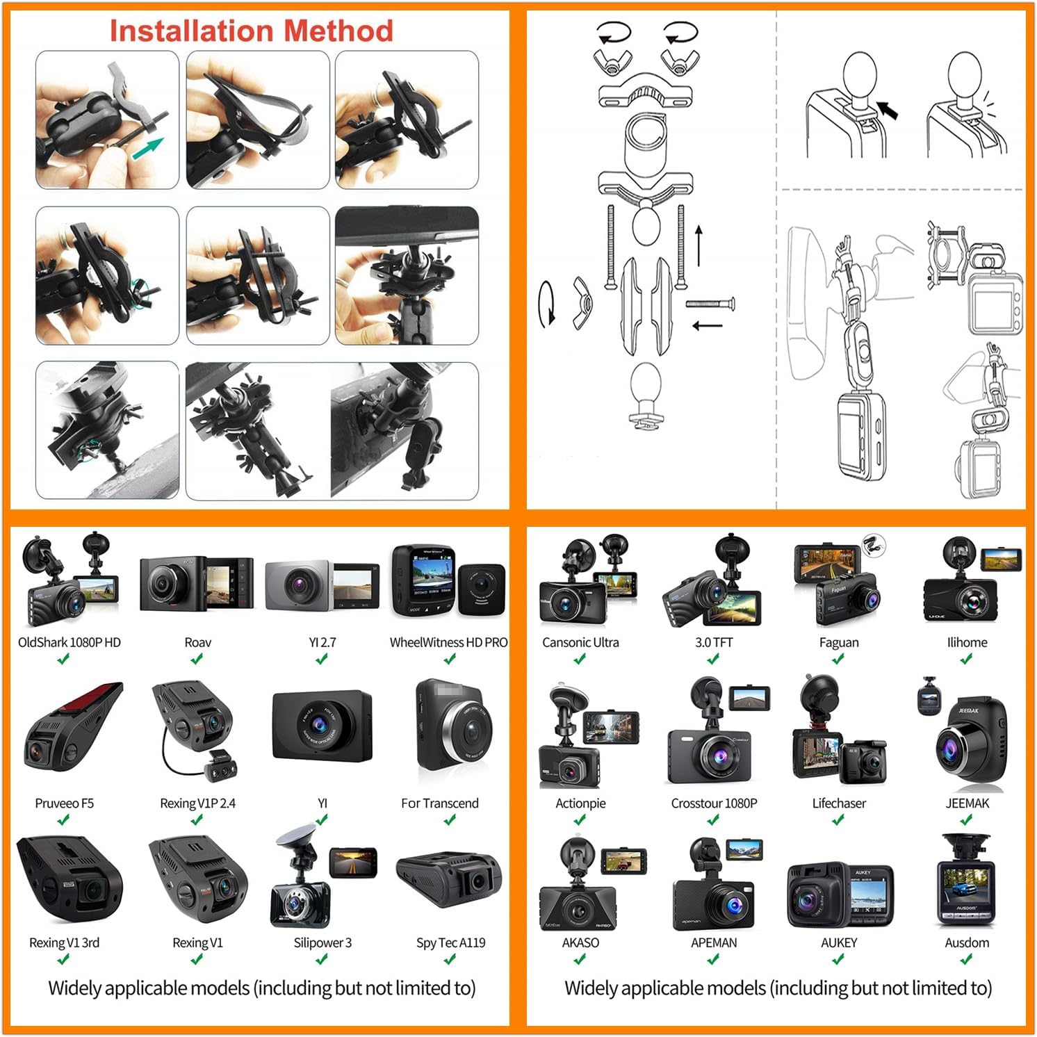 Dash Cam Mirror Mount Holder - Professional Rearview Mirror Dash Cam Mount with Various Joints fits Yi/Rove/Rexing/Falcon/Old Shark/VANTRUE/KDLINKS/WheelWitness On-Dash Mounted Cameras
