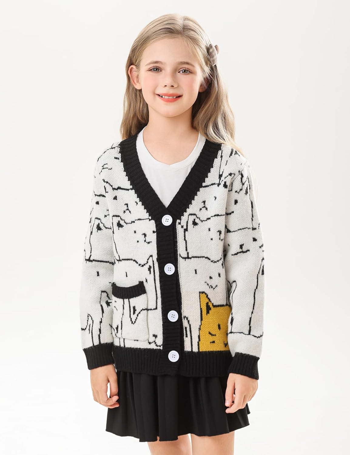 Arssm Girls Cat Print Cardigan Sweater Cute V-Neck Button Down Knitted Kawaii Cartoon Sweaters Oversized Outerwear - Image 7