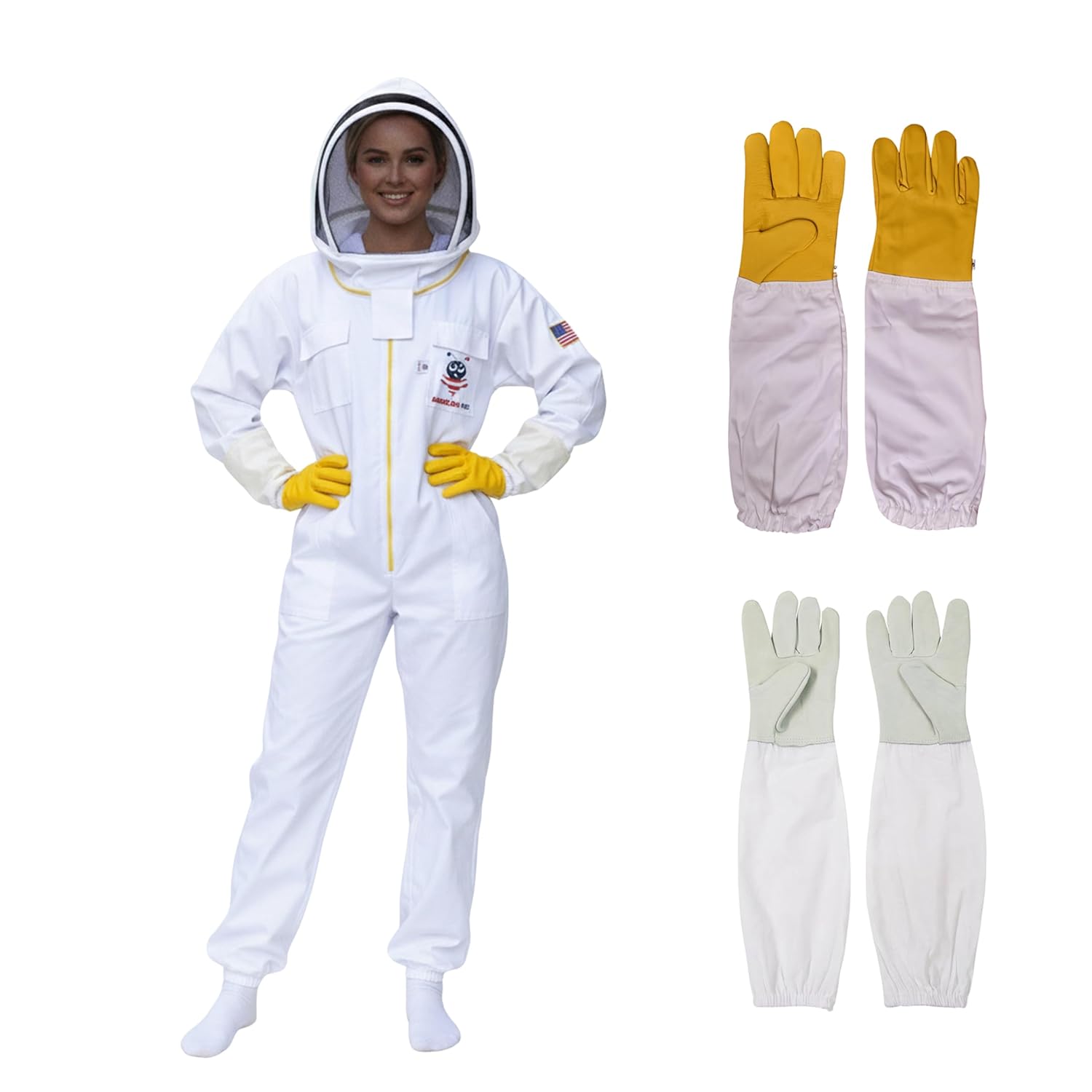 Cotton Beekeeping Suit, Full Body Beekeepers Protective Gear with Fencing Veil Hood, Elastic Cuffs & Breathable Fabric, With Two Pairs of Gloves (Small)