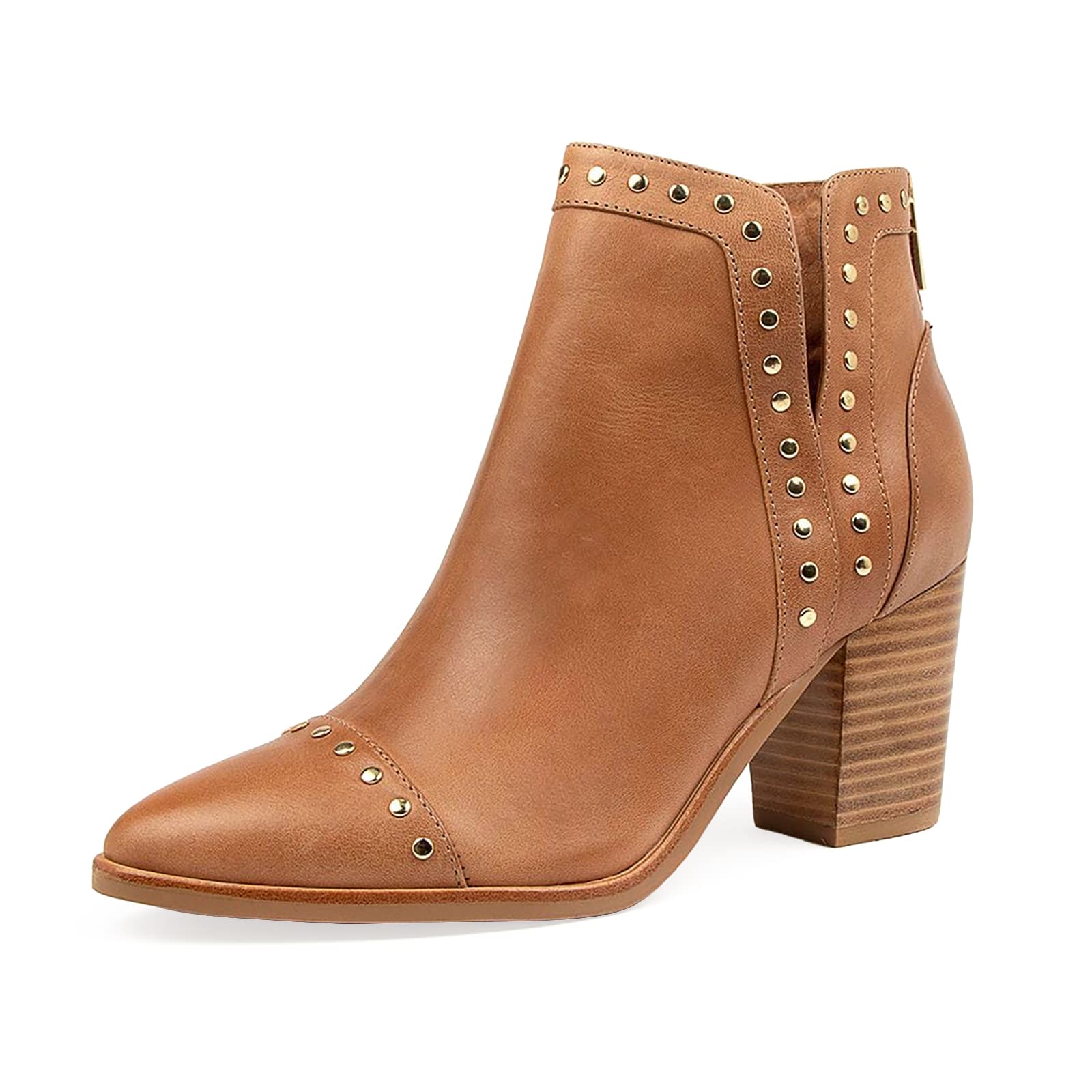 Women's Rivet Ankle Boots Cut Out Pointed Toe Booties Chunky Stacked