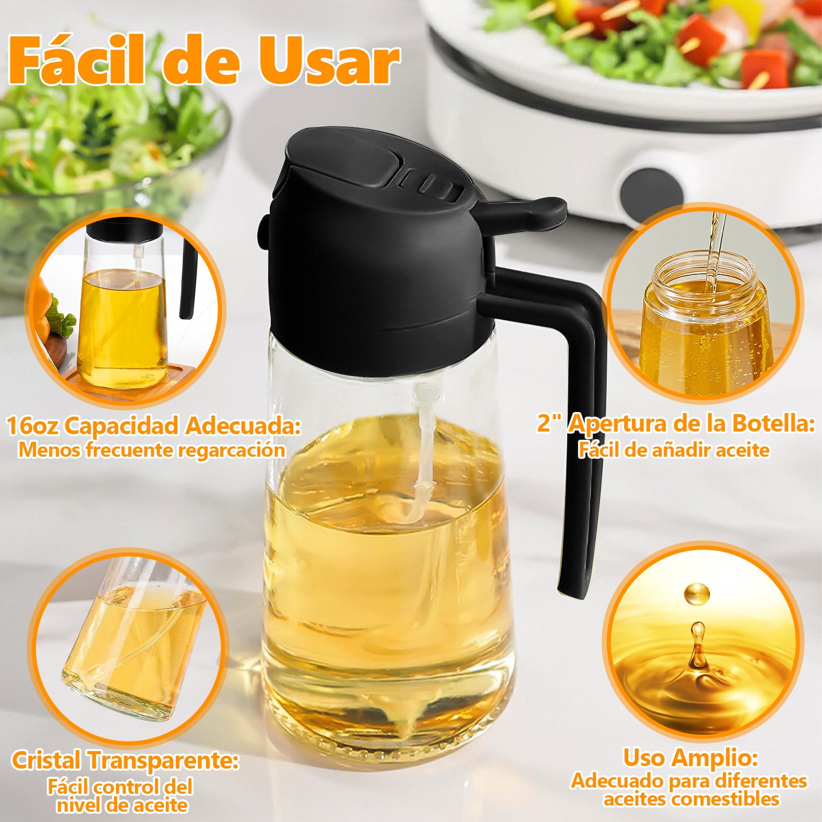 Pulverizador De Aceite Spray Pulverizador De Aceite De Vidrio 2 En 1 - 470ml, Spray Y Vertedor, Para Cocina Saludable Spray Para Cocinar Aceite