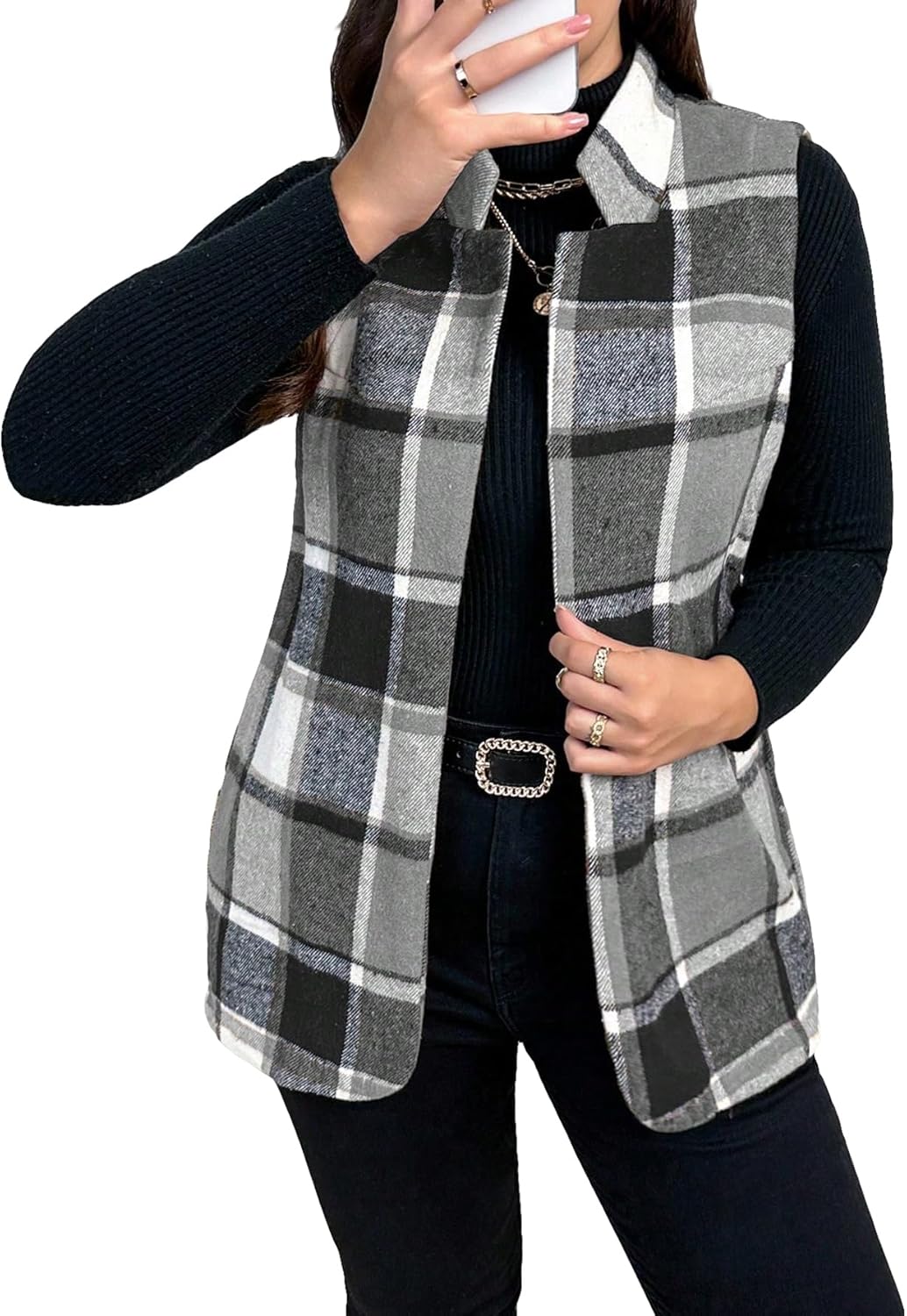 MakeMeChic Women's Plus Size Plaid Vest Blazer Jacket Sleeveless Open ...