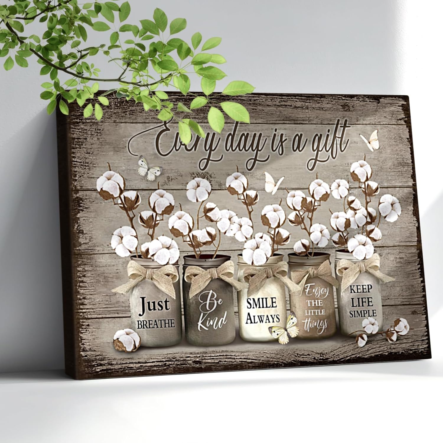 RAMEFLAO Rustic Cotton Wall Art Vintage Bathroom Canvas Print Bathroom Decor Flower Butterfly Painting Farmhouse Rustic Bathroom Picture Home Decor For Bathroom Bedroom Ready To Hang 16x20 Inch