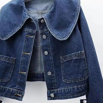 ASHER FASHION Womens Peter Pan Collar Jean Jacket Long Sleeve Cropped Denim Jackets Fall Button Jeans Coat with Pockets