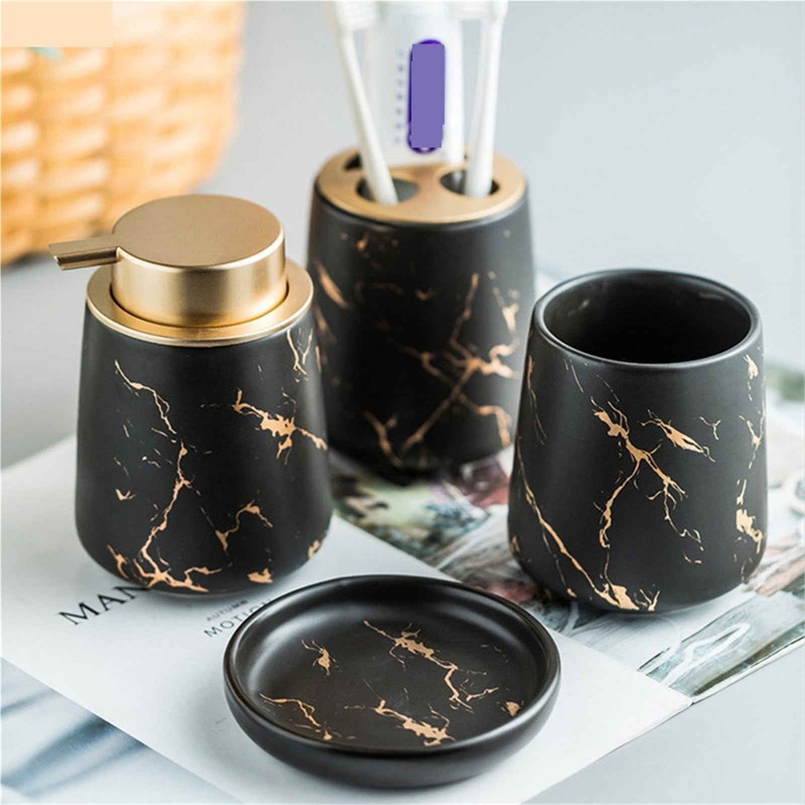 Conjunto Accesorios de Baño Juego De Baño Cerámica con Textura Veteada | Dispensador de jabón portátil, taza, cepillo de dientes, loción, botella, caja, suministros de baño(White 4pcs)