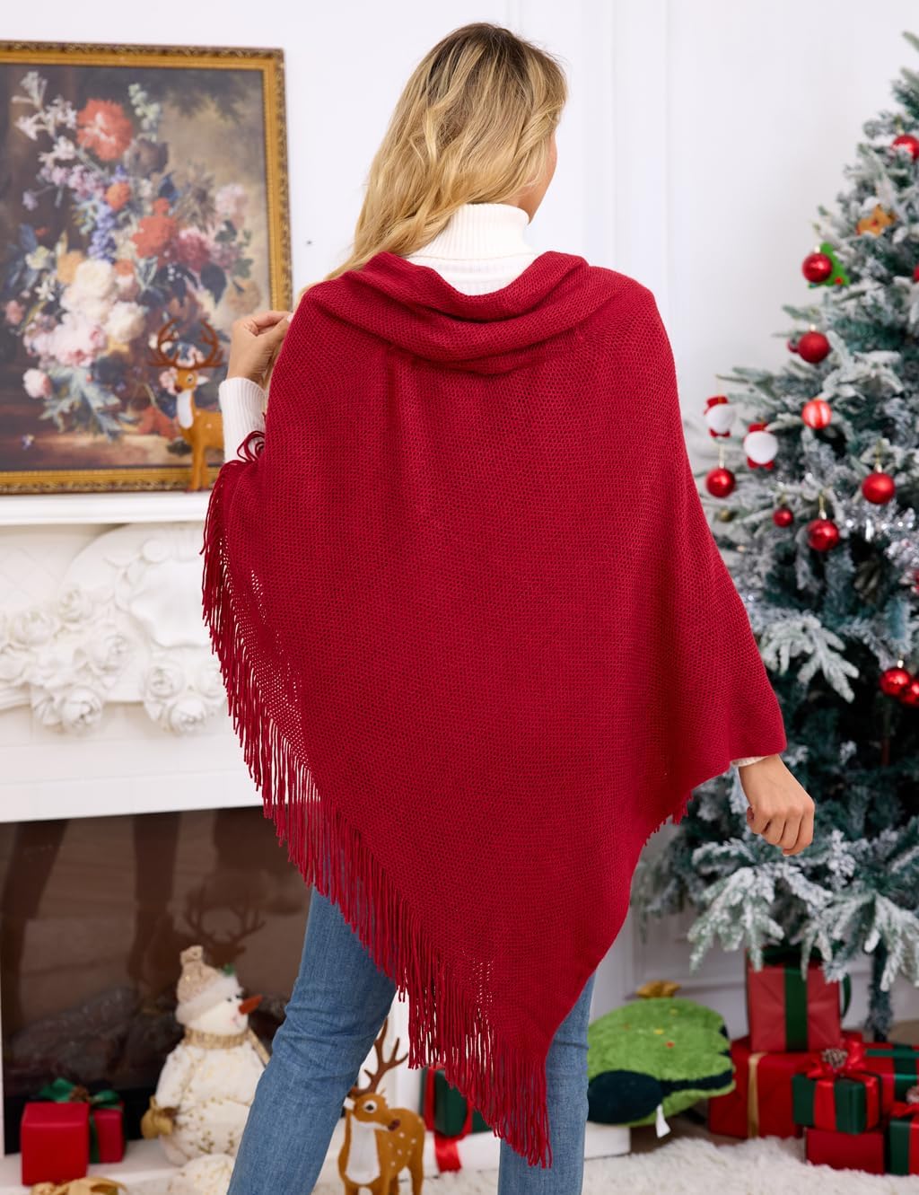 Ferand Women’s Loose Fitting Poncho Cape Shawl with Stylish Horn Buttons, V Neckline and V Hem - Image 3