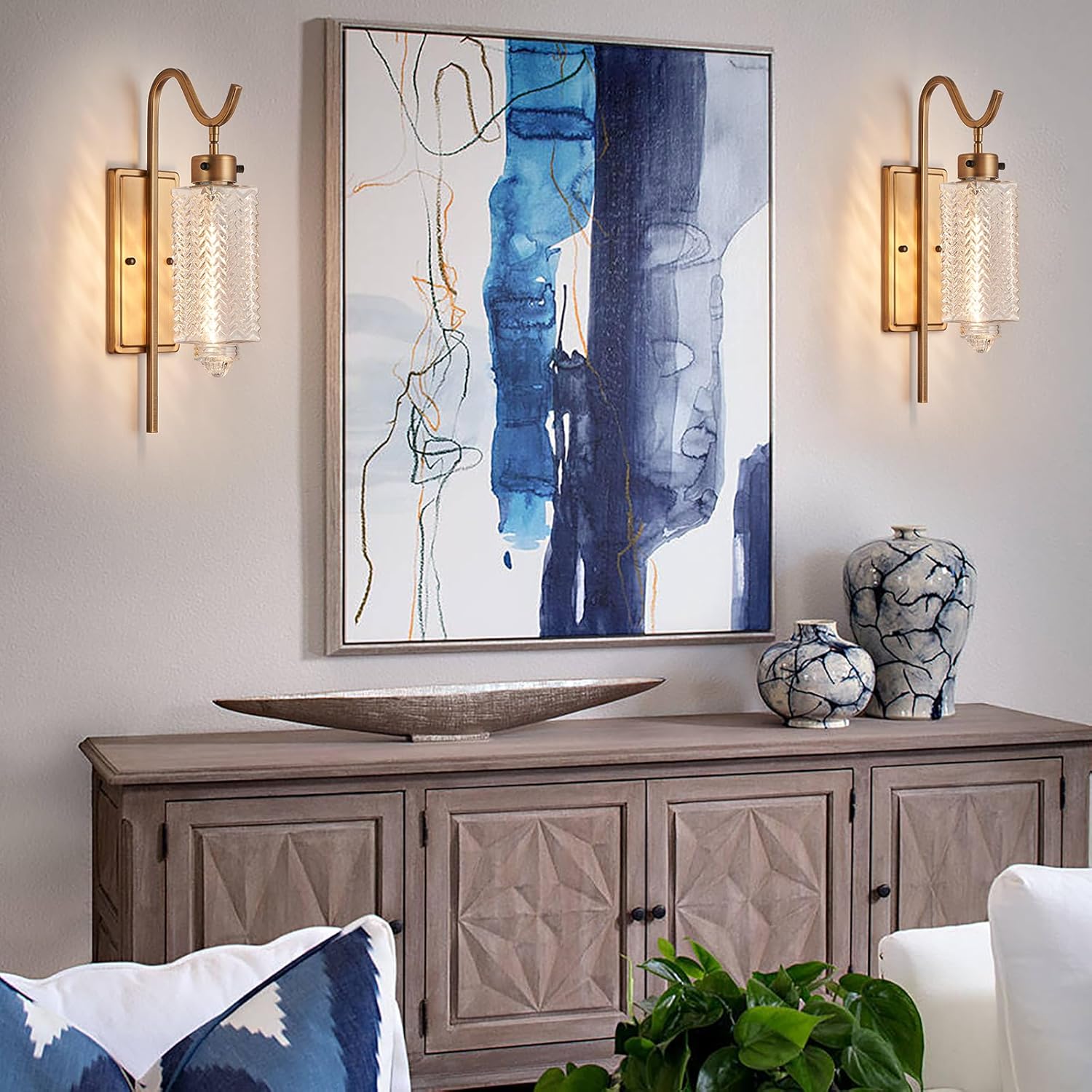 Farmhouse Wall Sconces,Vintage Gold Metal Wall Mount Lighting Lanterns with Glass Shade & E26 Socket,Indoor Wall Lamp,for Living Room, Bedroom, Bathroom, Hallway