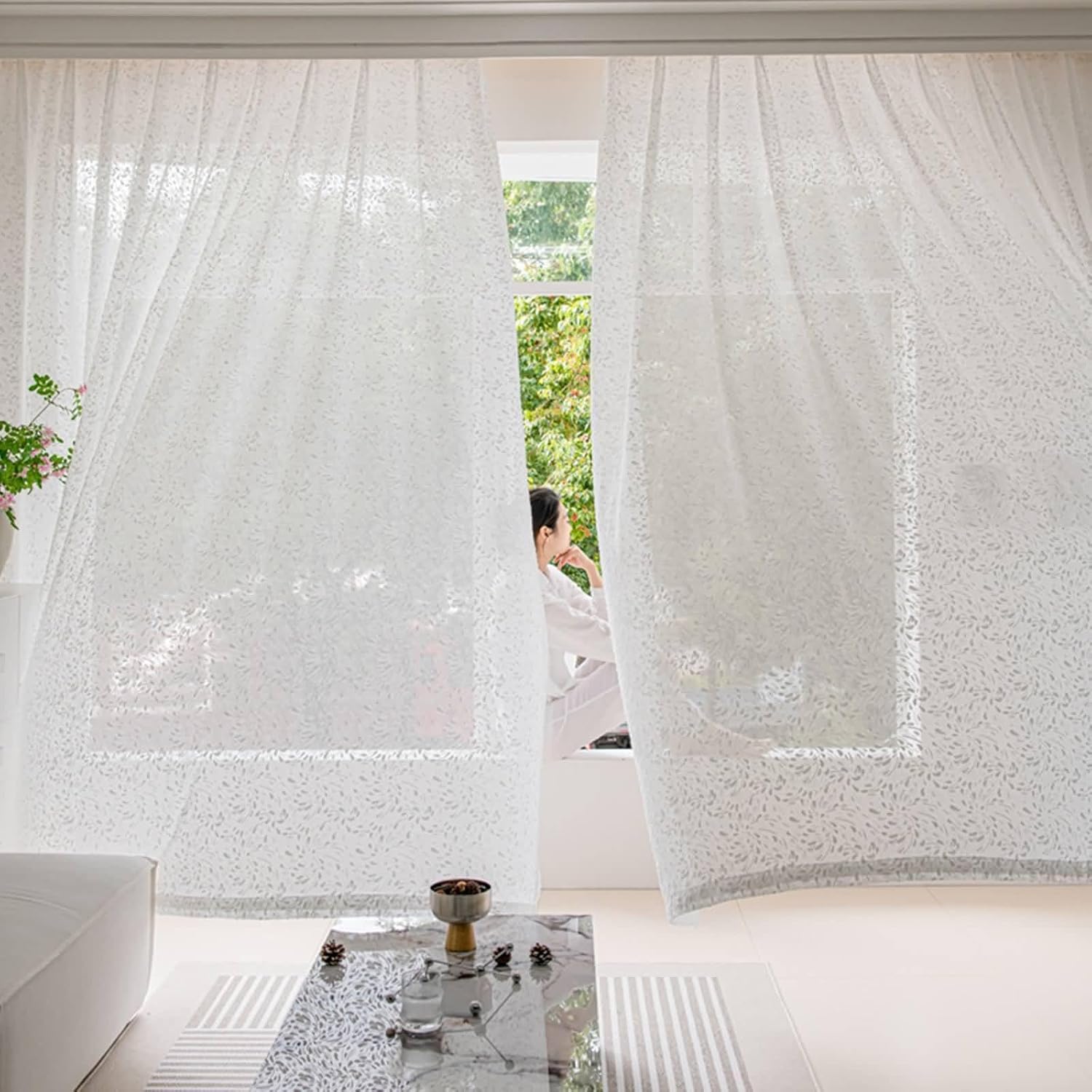 Daesar Window Curtains 2 Panel Sets 96 Inch Length, Eyelet Tulle Curtains 3D Velvet Fireworks Pattern Sheer Drapes Window Treatment for Home, Office, Bedroom Living Room, 42x96 Inch White