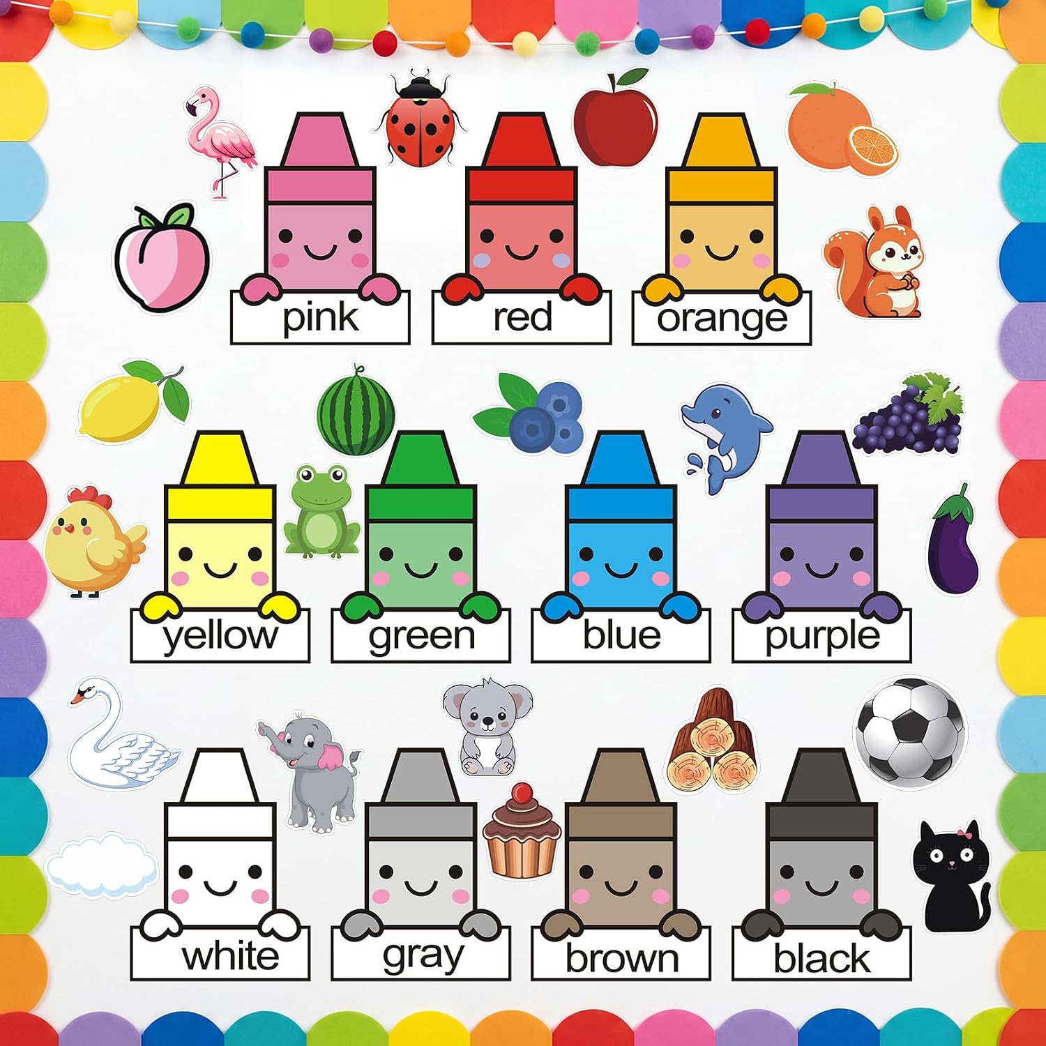 FunooFuno 33 Pcs Color Posters for Classroom, Crayon Cutouts Bulletin Board