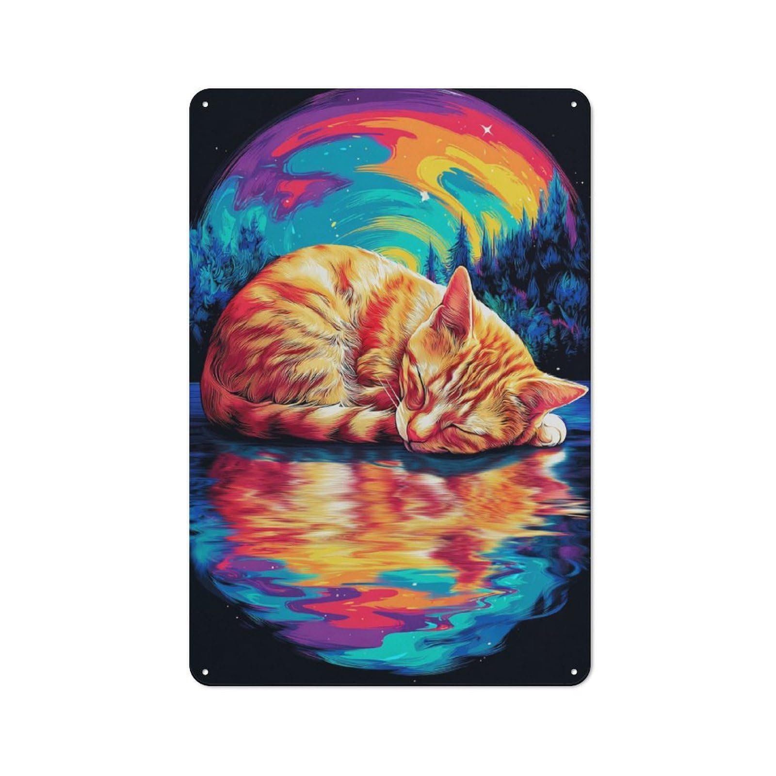 Junmoney Rainbow Cat Reflection Retro Tin Sign 30X20cm For Dining Room Or Kitchen, Suited To Kitchen Wall Decor Lovers