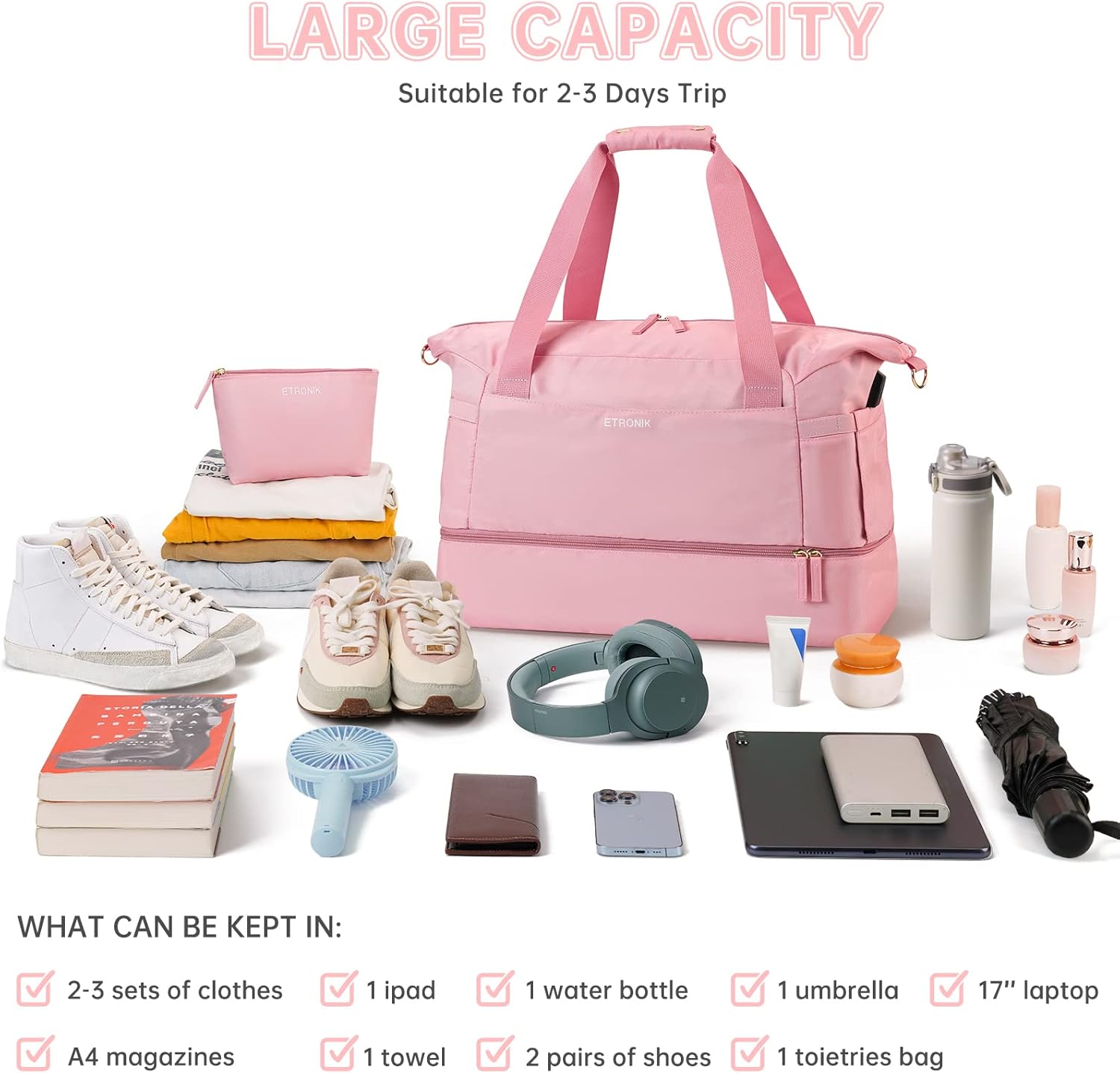  | Gym Bag for Women, Sports Travel Duffel Bag with USB Charging Port, Weekender Overnight Bag with Wet Pocket and Shoes Compartment for Women Travel, Gym, Yoga (Pink) | Sports Duffels