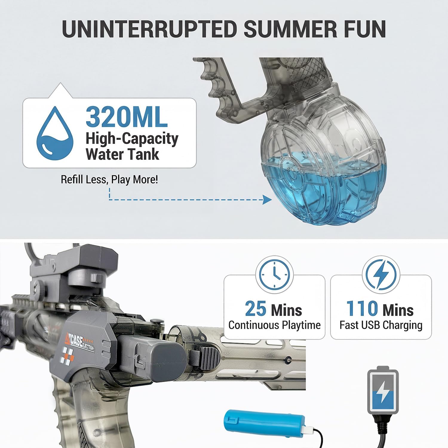Electric Water Gun, Pistol Style Automatic Water Blaster with 166ml Tank, Motorized Squirt Guns up to 30 FT Range, Summer Outdoor Pool Backyard Party Toys for Kids and Adults (Rifle-Black)