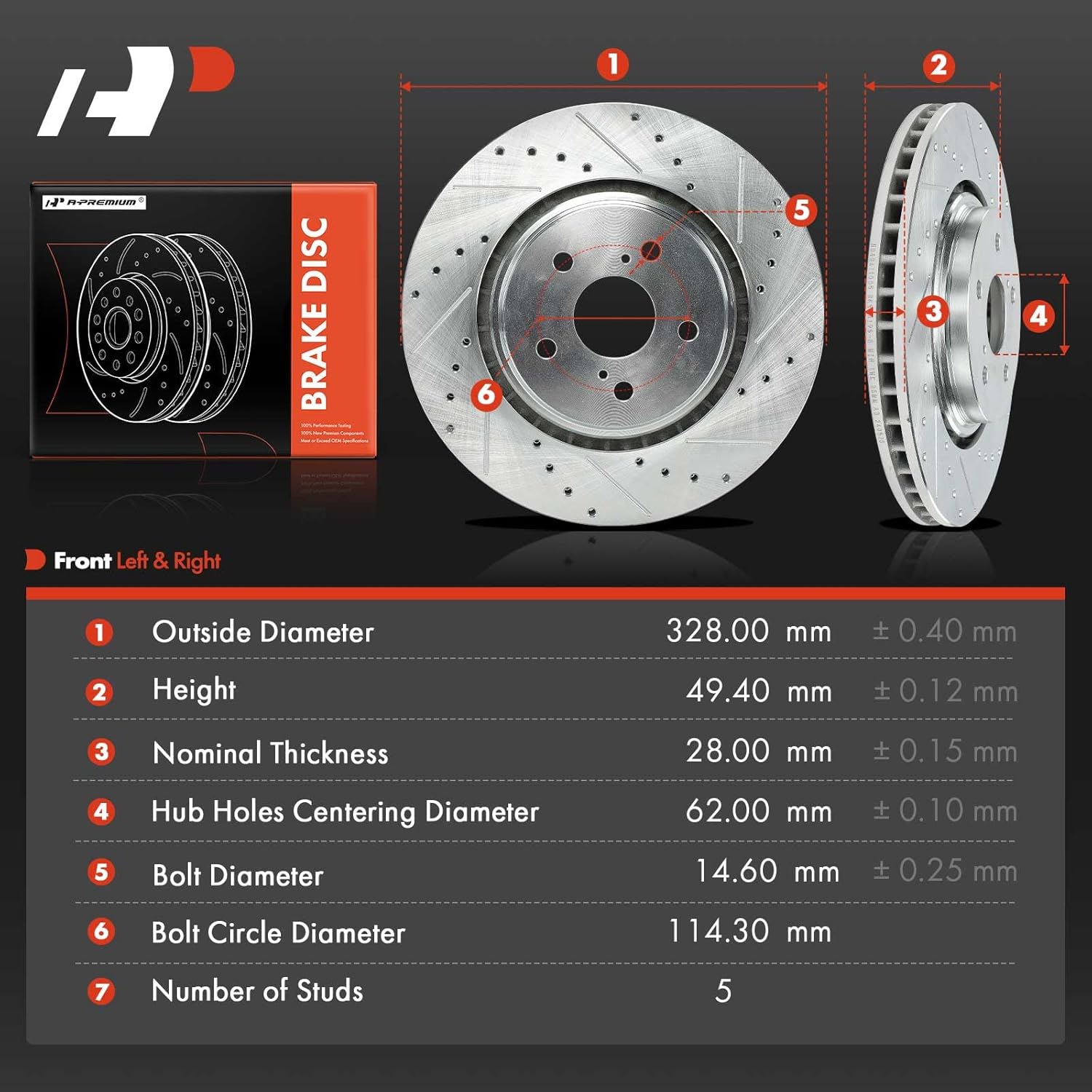 A-Premium 12.91 inch (328mm) Front Drilled and Slotted Disc Brake Rotors Compatible with Select Toyota and Lexus Models - Camry 2018-2023, Avalon 2021-2022, NX250, NX350h, RX350L, RX450hL, 2-PC Set