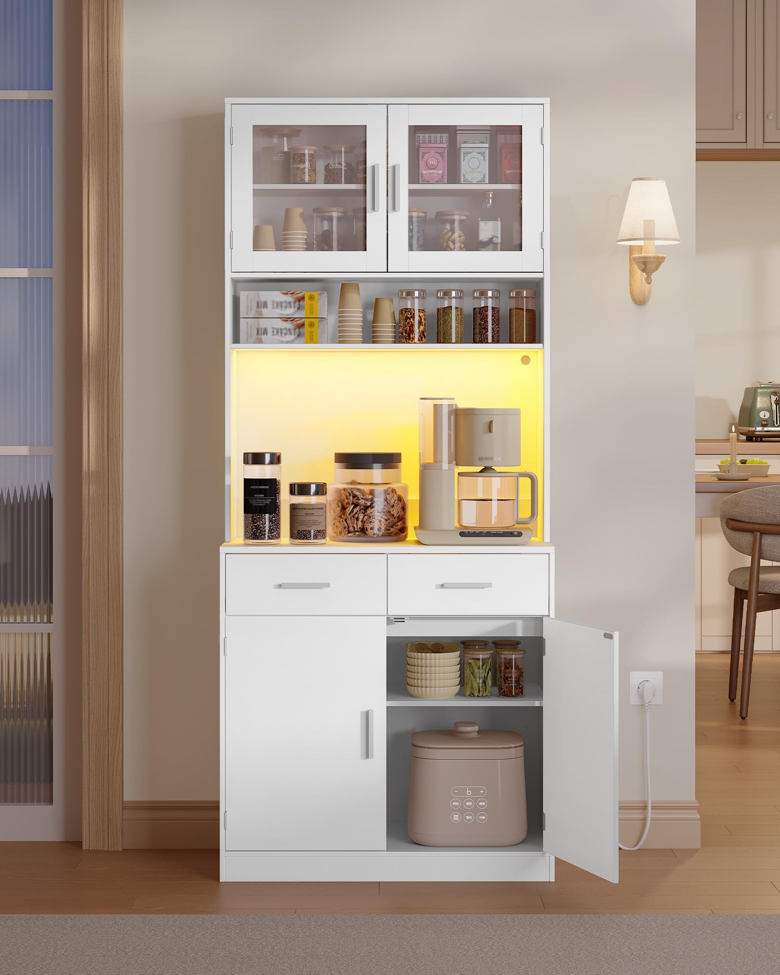 Hzuaneri Buffet, Meuble Cuisine Haut à 2 tiroirs, Meuble de Rangement avec multiprise et éclairage LED, 2 Portes vitrées, Cuisine, Salon, 40 x 80 x 190 cm, Blanc, PT10203XEU