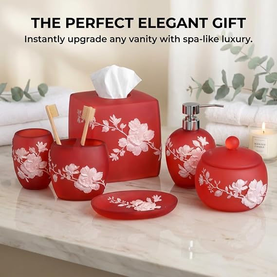 Bathroom Accessories 6Pcs Set, Soap Dispenser, Toothbrush Holders, Tumbler, Soap Dish & Cotton Swab Jar Modern Bathroom Decor, Modern Farmhouse Decor, Countertop Accessories, Red