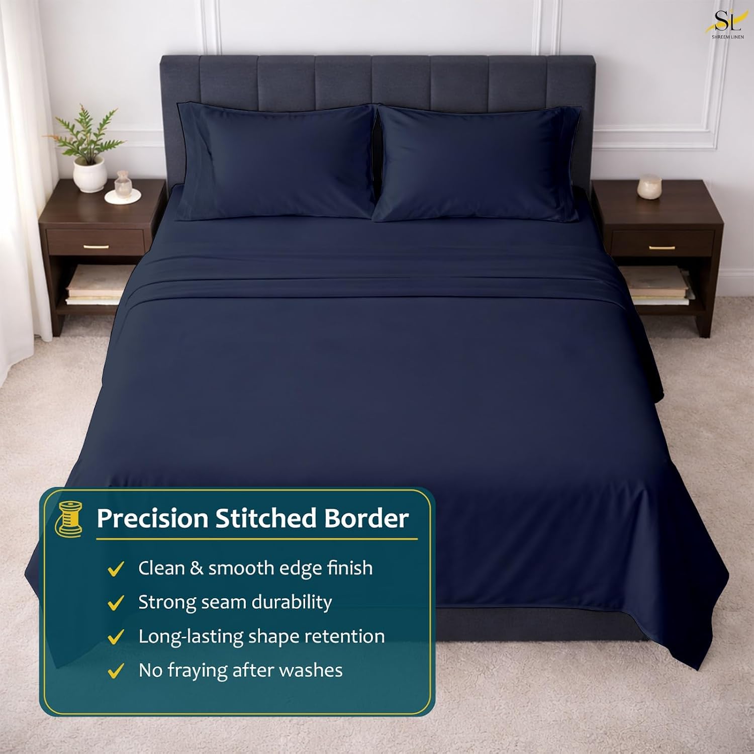 Shreem Linen California King 4 Piece Sheet Set, 1800 Ultra Soft Hotel Luxury Bedding, Breathable and Cooling, Deep Pockets Fit 8-16 Inch Mattress, Navy Blue