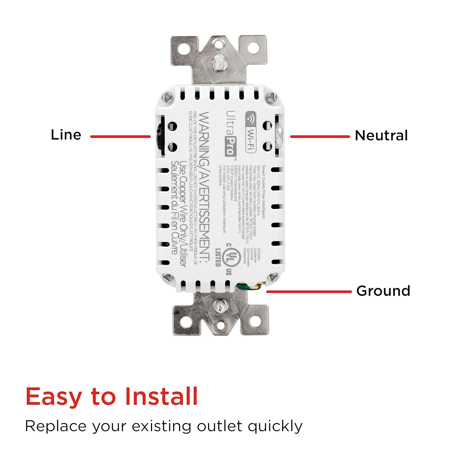 UltraPro Smart Duplex Outlet, 2 Grounded Outlets, 1 Pack | In-Wall Timer, Top Plug Standard, Bottom Plug Wi-Fi, Neutral Required, Works with Alexa, Google Home