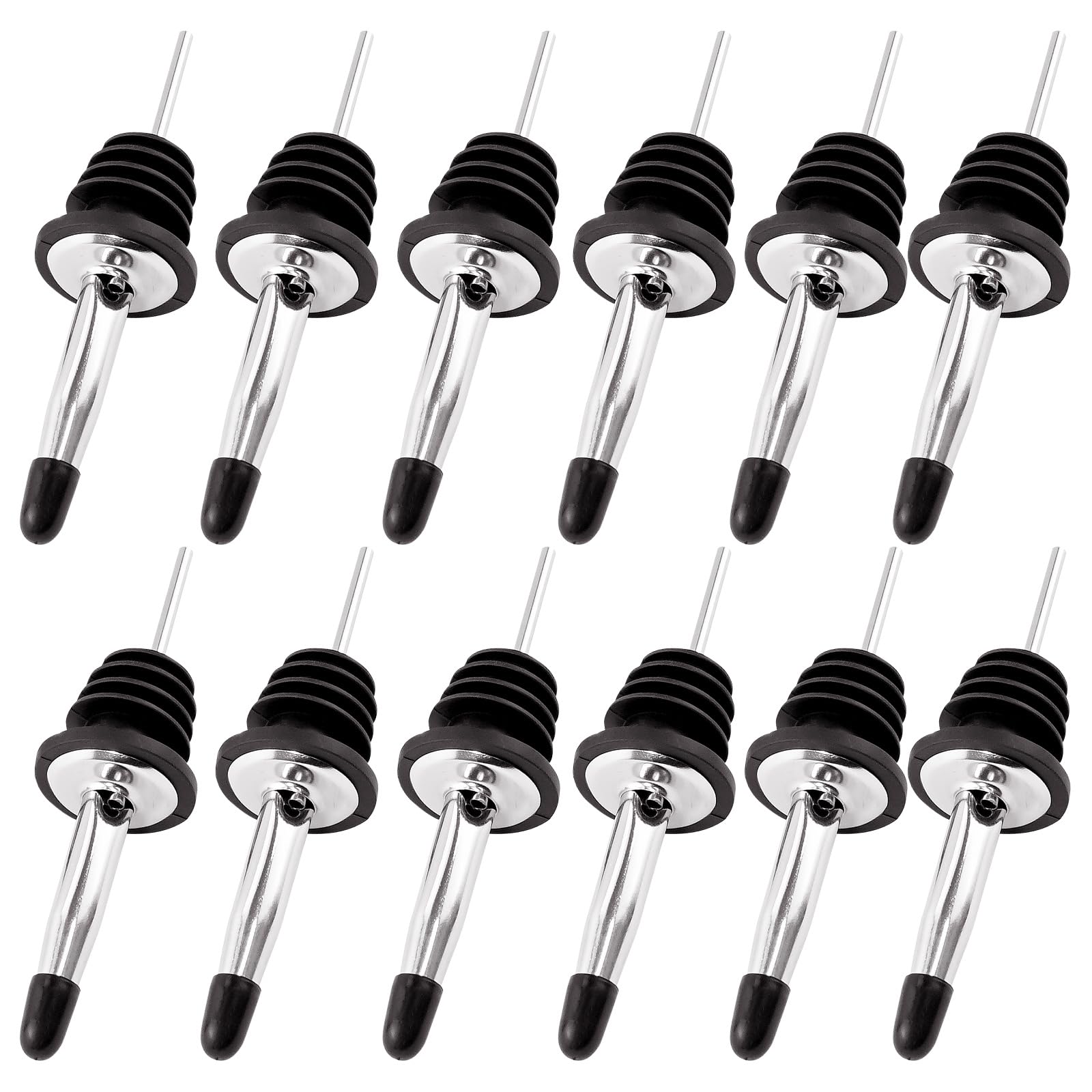Rainpop Stainless Steel Pourers, Classic Liquor Bottle Pourers For Spirits With Silicone Dust Caps, Tapered Spout Freeflow Liquor Spirits Pourer Suitable For Pours Liquor, Vinegar Syrup Or Olive (12 Pcs)