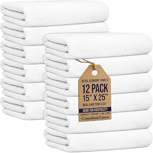 Canadian Linen Regal Economy Hand Towels 15x25 12 Pack White Multipurpose Absorbent Lightweight Quick Dry Dish Cleaning Cloth for Home Bathroom Hair Wrap Salon Massage Spa Gym Pool Sport Hotel Kitchen
