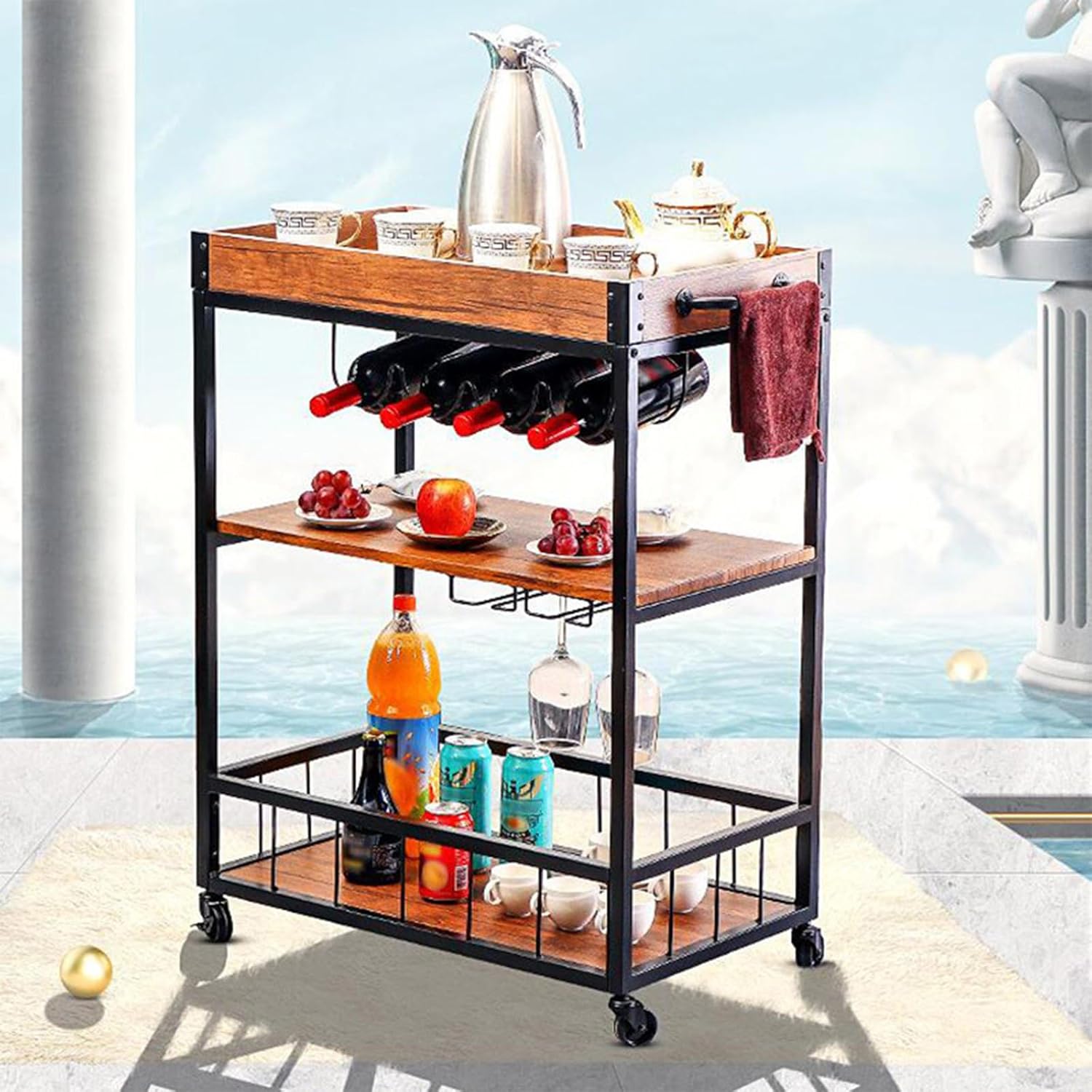 Metal Storage Rack with Fence Wine Rack Cup Holder Multifunctional nizer for Living Room Kitchen Bathroom Balcony Industrial Style Shelving Unit 67.2x40x60cm