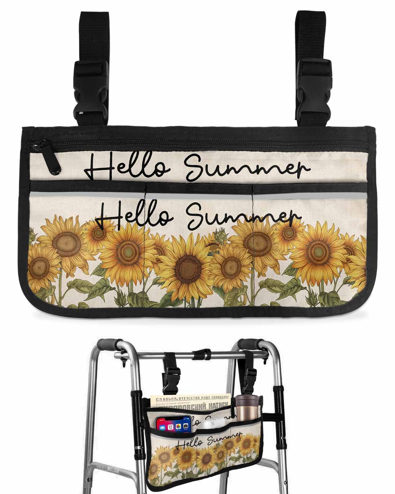 Anzona Farmhouse Sunflowers Wheelchair Side Bag Walker Bag, Hello Summer Vintage Wheelchair Accessories Armrest Pouch, Organizer Storage Bag for Walkers, Rollators, Scooters, 7.3''x13''