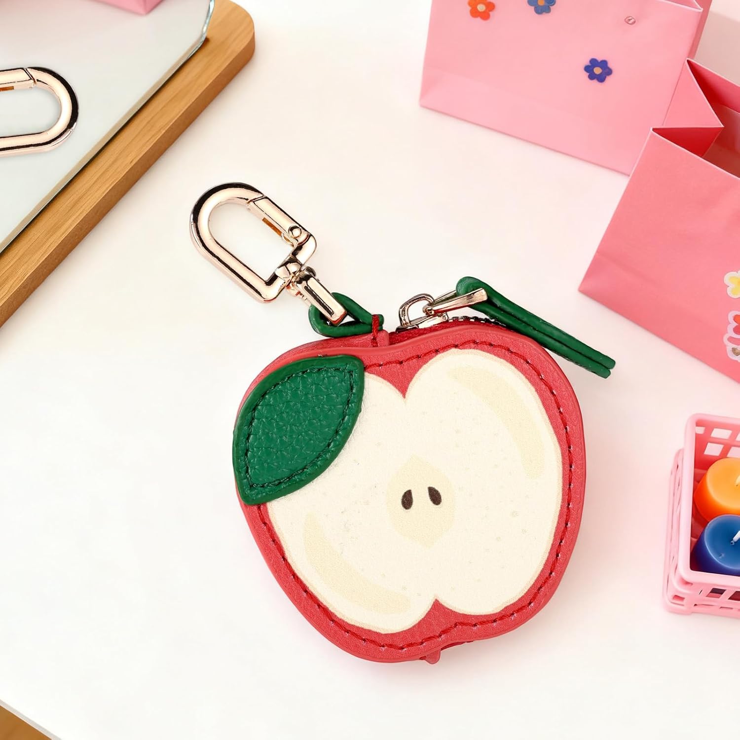 Cute Fruit Coin Purse Charm, Mini Fruit Leather Bag Key Ring Keychain Y2K Zipper Purse Pouch Keyring for Women Coin Storage Gift Backpack Handbag Accessories (Apple) - Image 5