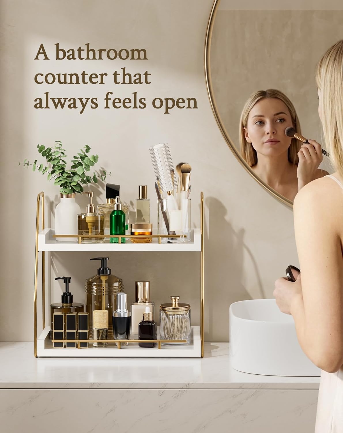 Mustry Bathroom Countertop Organizer, 2-Tier Makeup Organizer for Vanity, Wooden Shelf with Gold Metal Frame for Skincare, Perfume & Decor (White&Gold)