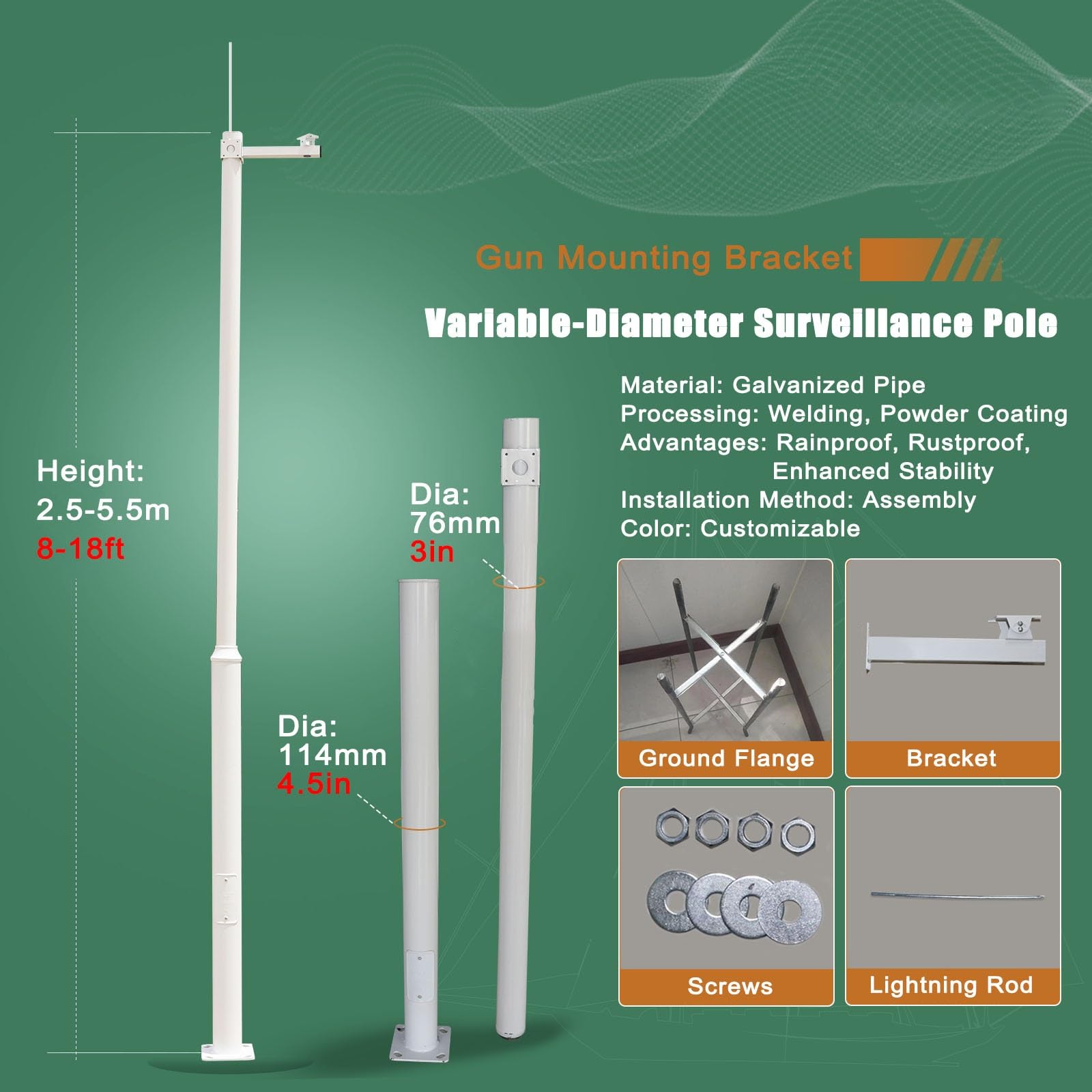 YXXSDP Soporte Camara tapo Poste de vigilancia de Seguridad Blanco, Soporte de cámara de Acero galvanizado Personalizable, Soporte de Varilla Universal Resistente a la corrosión(3.5m/11.5ft)