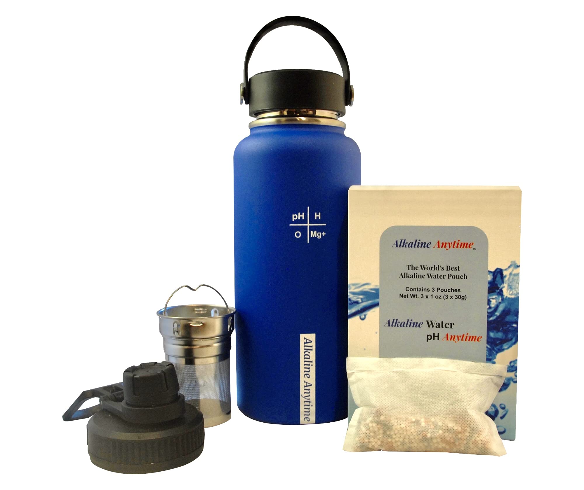 32oz. Alkaline Water Bottle Stainless Steel (950ml) | Premium 9.5+ pH | Wide Mouth Insulated Water Bottle | Carry Handle Lid | Alkaline Ionized Water | Infuser (30g Infuser and 3 Filters, Blue)