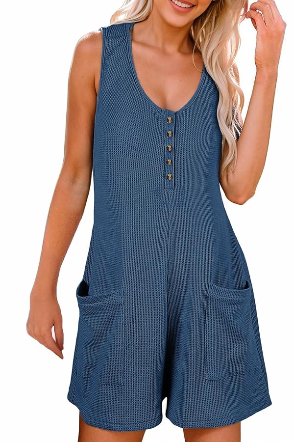 AlvaQ Rompers for Women 2025 Summer Sleeveless Round Neck Button Front Overalls Casual Shorts Jumpsuit Vacation Beach Outfits Rompers with Pockets,Blue,X-Large by AlvaQ - Used condition - US$8.60
