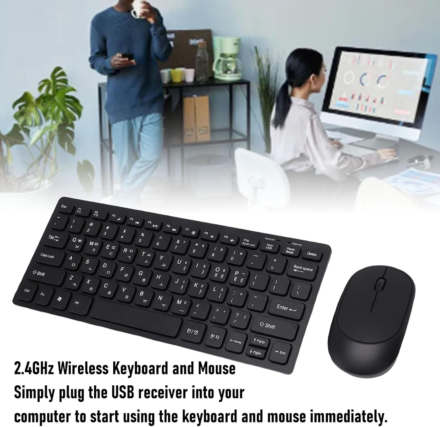 Gugxiom Korean Keyboard and Mouse Combo, 2.4GHz Wireless Keyboard with 78 Keys Hangul Layout, Silent Mouse for PC Laptop Office Home, Battery Powered
