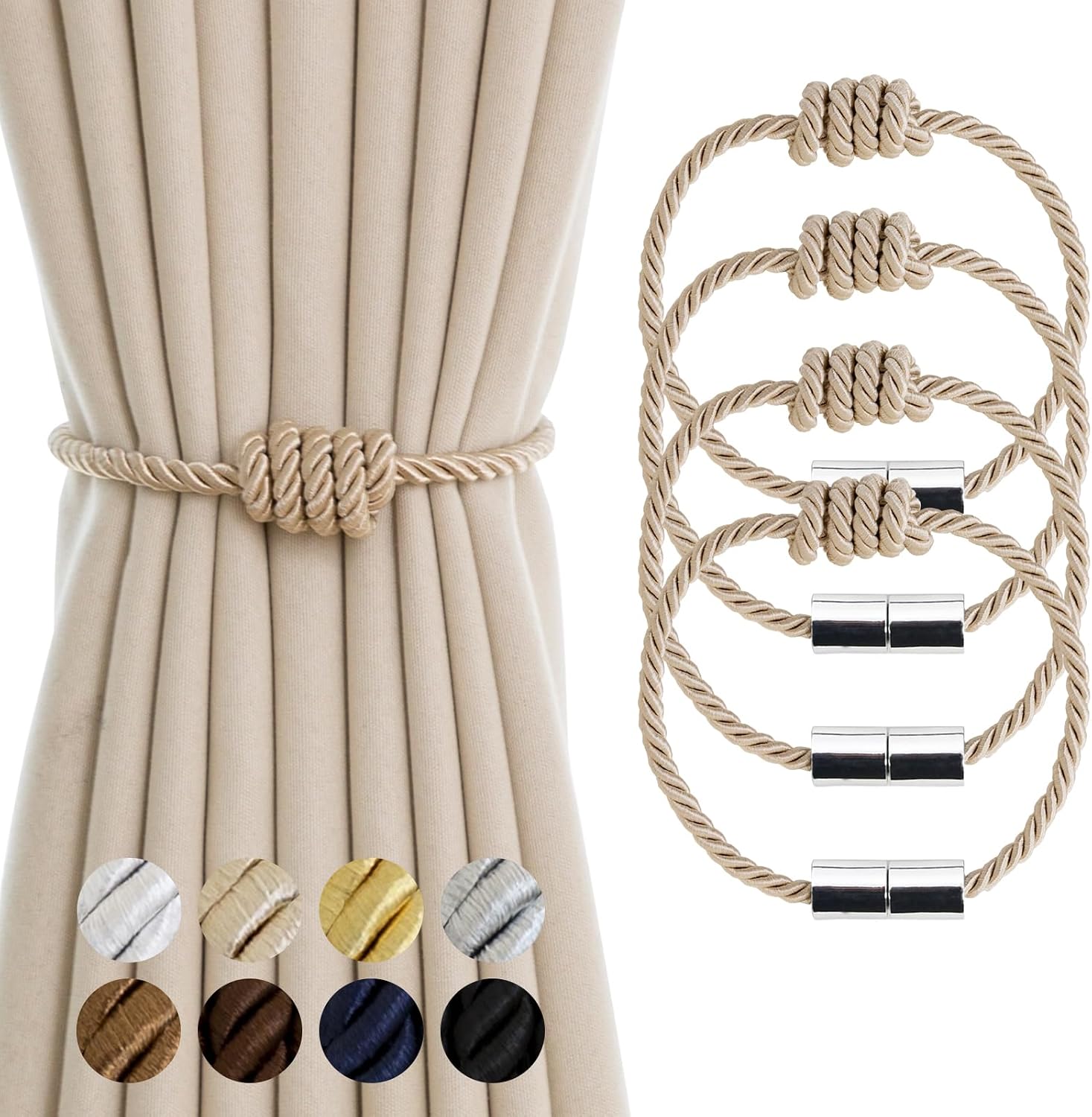 Curtain Tiebacks Magnetic Decorative Rope Tie Backs Holdbacks Contoeey | 4 Pack Beige Modern Elegant Window Treatment Holdbacks for Drapes