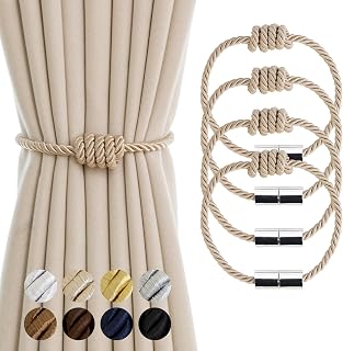 Magnetic Curtain Tiebacks - 4 Pack Decorative Rope Holders for Drapes, Beige