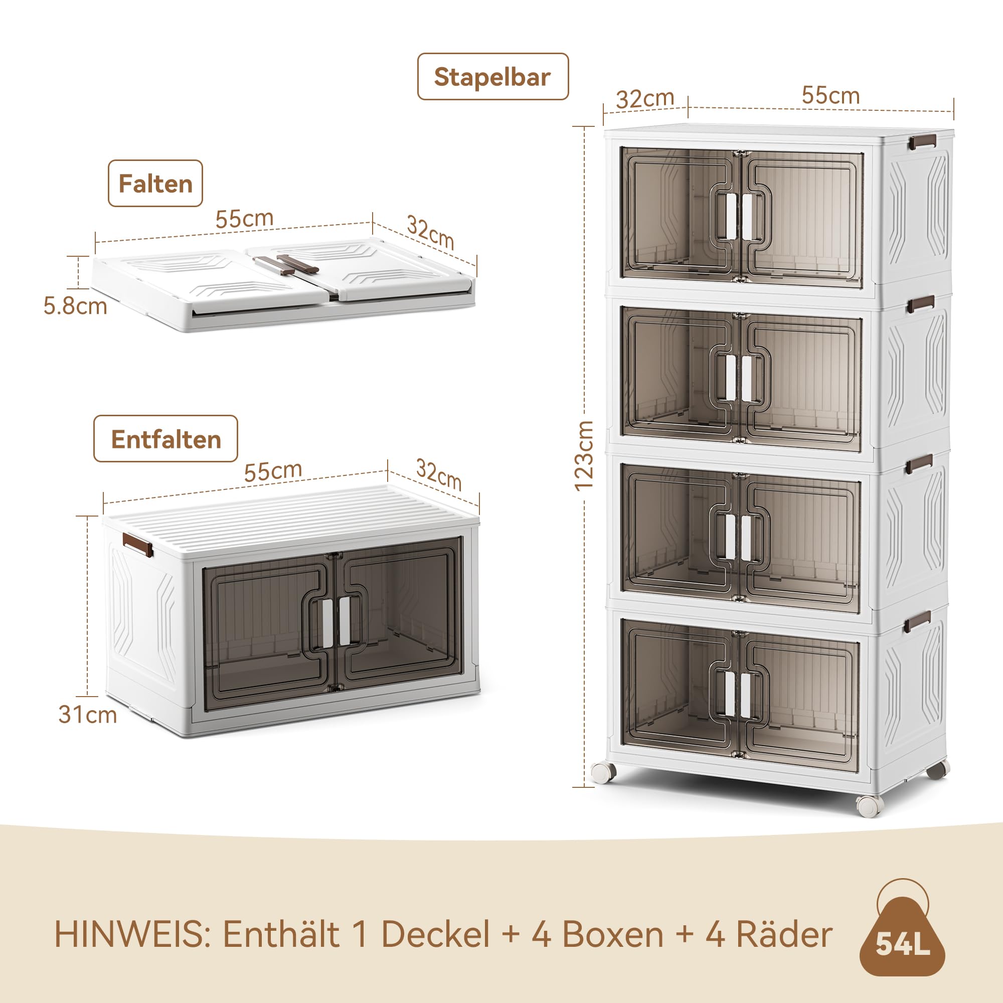 BTGGG 4er Pack Aufbewahrungsbox mit Deckel 54L*4 Stapelbare Aufbewahrungsboxen Kunstoffboxen Klappbox Plastikbox mit Deckel, Faltbare Aufbewahrungsbehälter Aufbewahrungsboxen mit Türen und Rollen