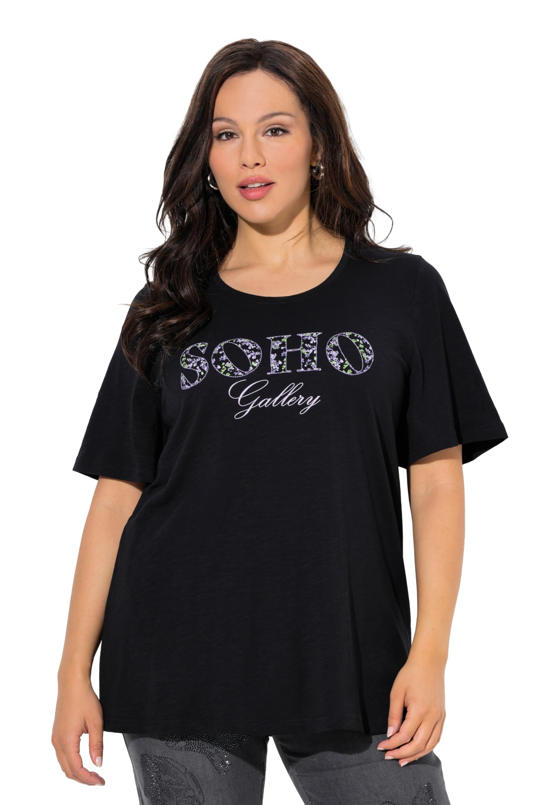 Ulla Popken Damen große Größen Übergrößen Plus Size T-Shirt, Schriftzug, A-Linie, Rundhals, Glocken-Halbarm 845832