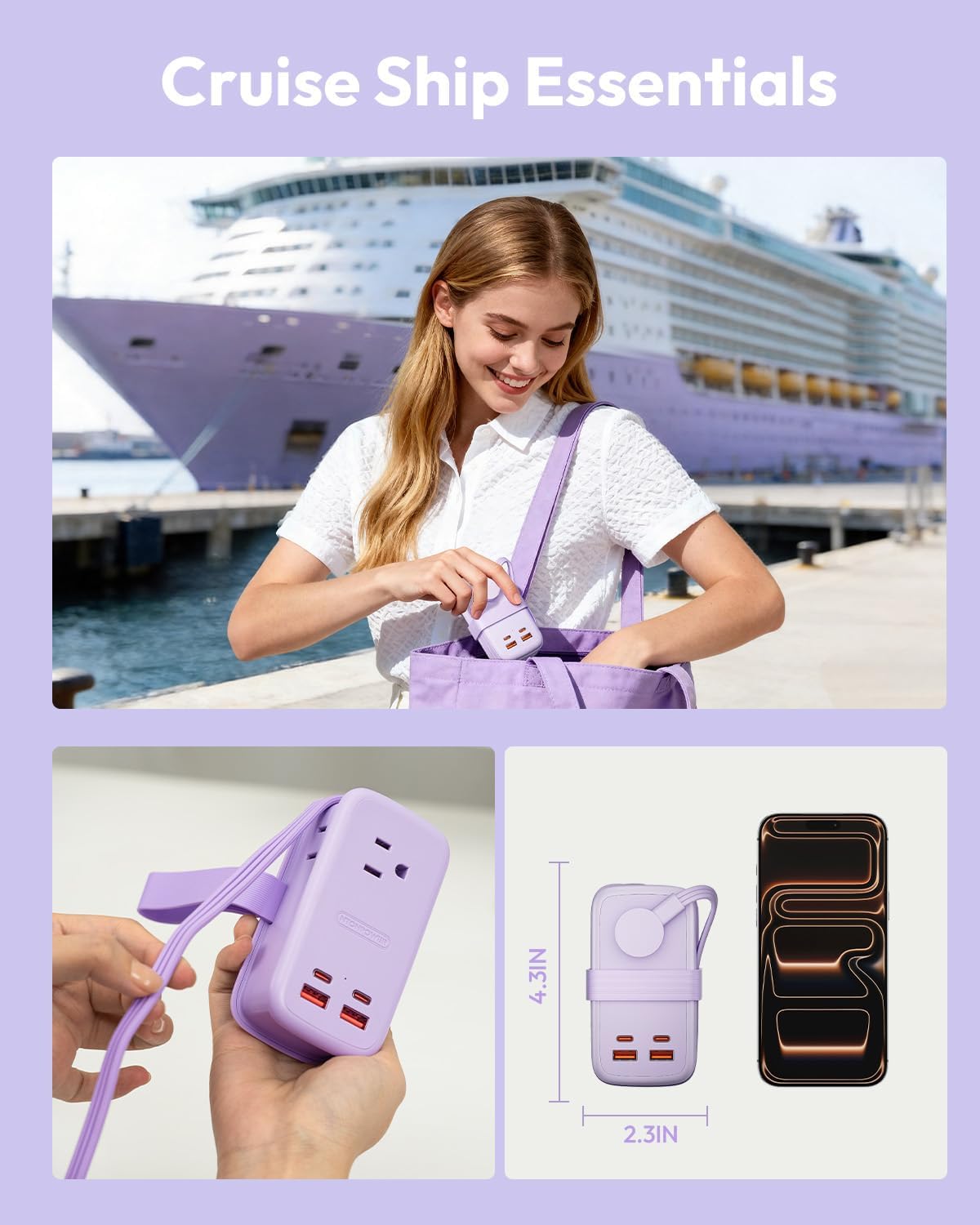 NTONPOWER GAN Ultra 65W USB Fast Charging Station, 7 in 1 Travel Power Strip with 3 Outlets 4 USB (2 USB C), Extension Cord 4ft, Cruise Essentials Compatible with MacBook, iPhone,Purple