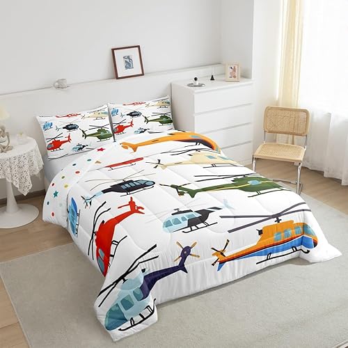 Miniatura 6 de Juego de ropa de cama de avión, tamaño Queen, juego de edredón de helicóptero de avión para niños, edredón de dibujos animados con aviones de