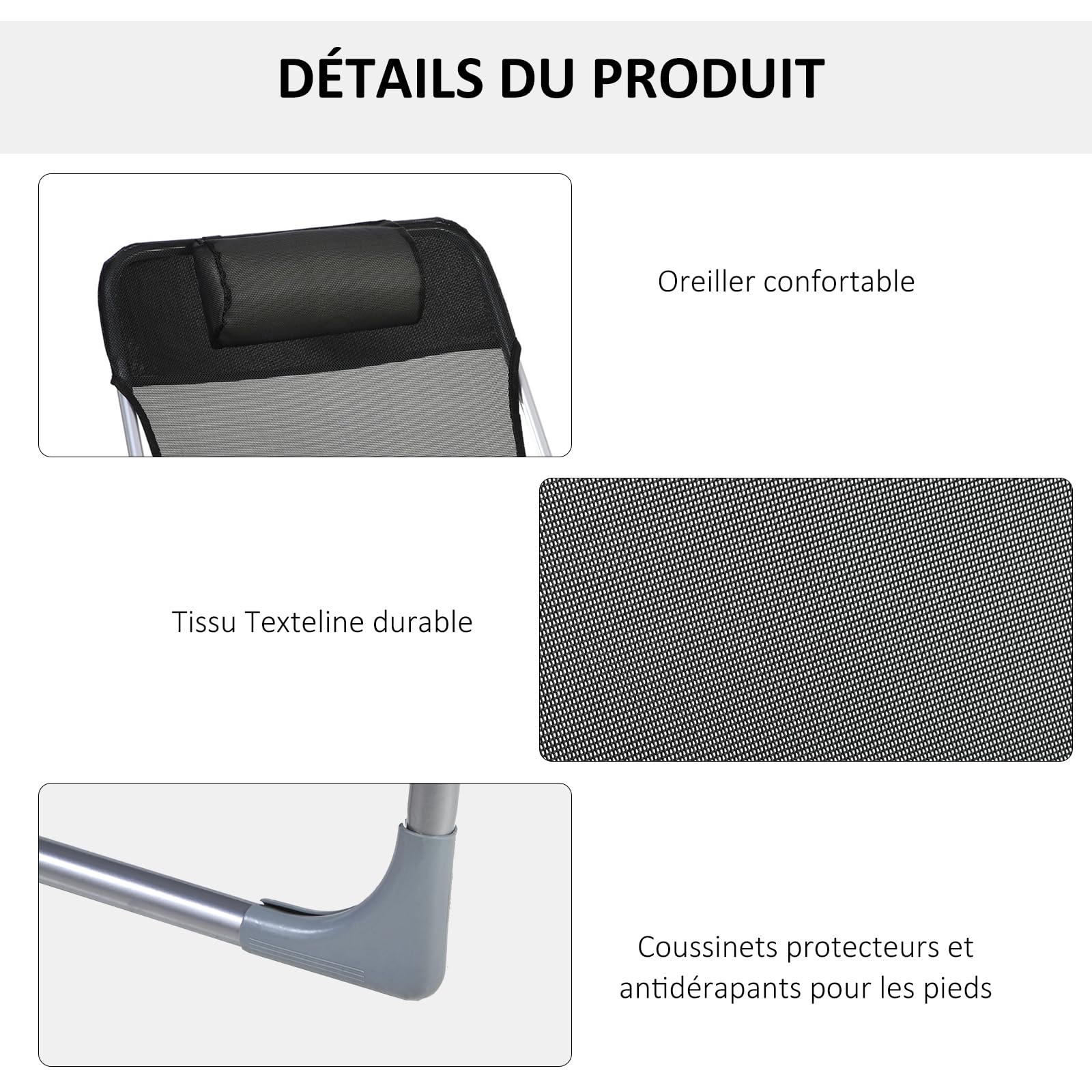 Outsunny Bain de Soleil Transat de Plage Pliable 182L x 56l x 28H cm Noir | Chaise Longue Extérieur, Oreiller, Dossier Réglable 5 Niveaux, pour Jardin