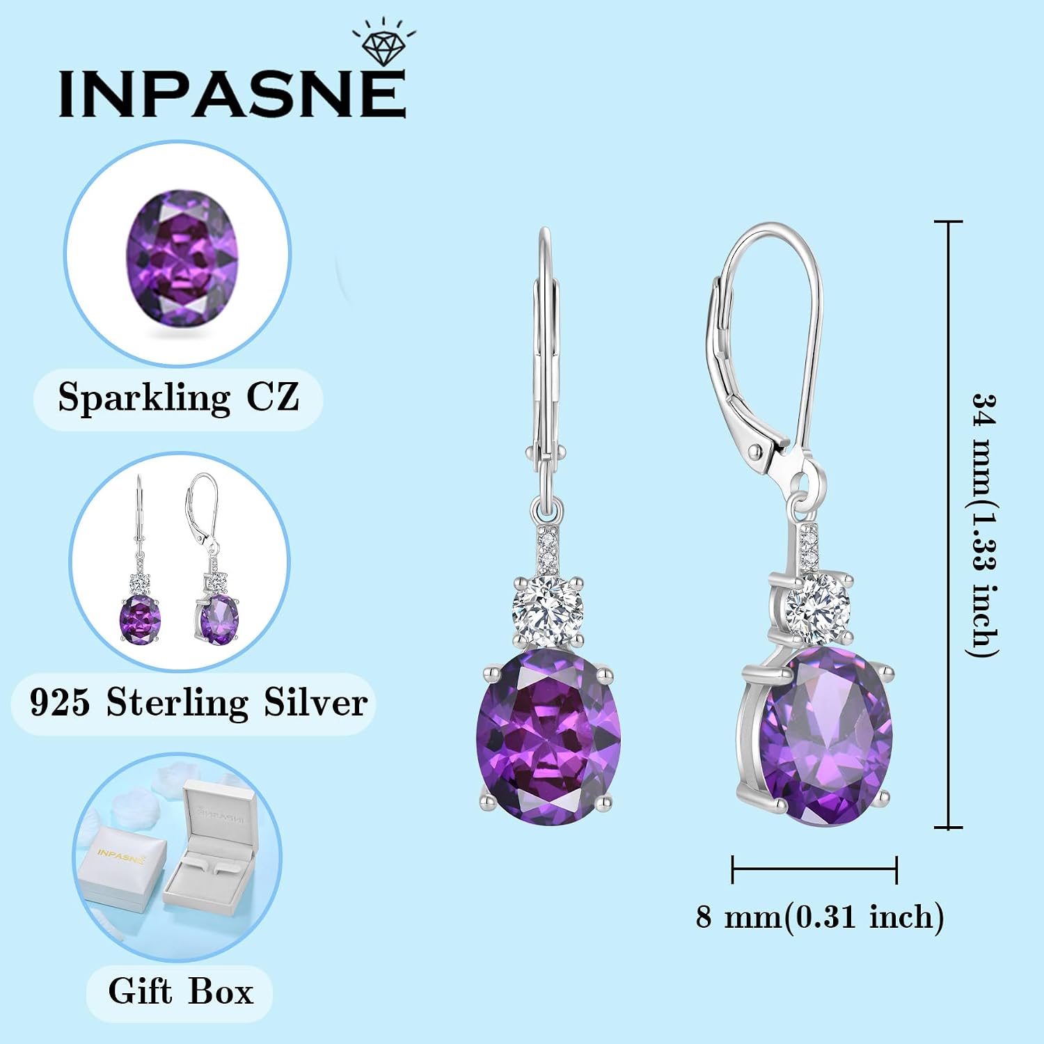 Amethyst Jewelry Set for Women 925 Sterling Silver Oval Cut Necklace Dangle Drop Leverback Earrings February Birthstone Jewelry for Her