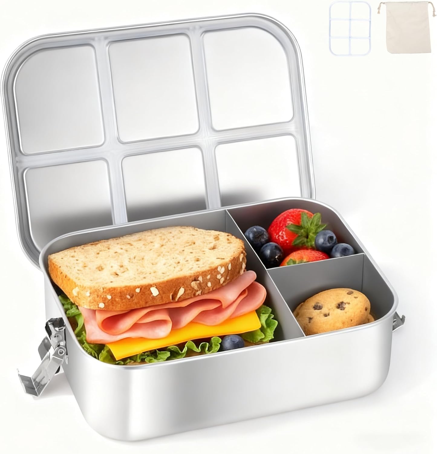 Bento Box for Kids, 1.5L/50oz Stainless Steel Snack Containers with 3 Compartments, Lockable Clip Kids Lunch Box, Eco-Friendly, Leak-proof, Dishwasher-Safe for Home, School, Travel