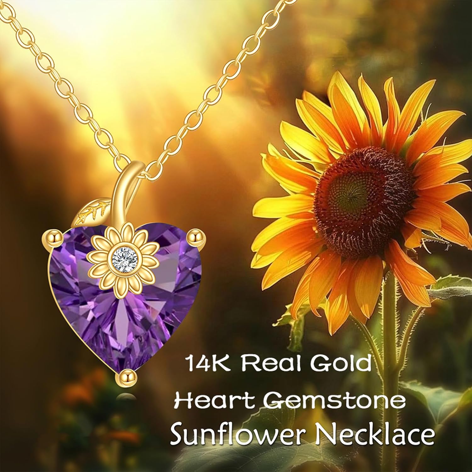 14K Solid Gold Heart Birthstone Necklace 3 Carat Created Gemstone Sunflower Pendant Necklaces Fine Jewelry Gifts for Women, Sterling Silver Chain 18"+2" Extender - Image 2