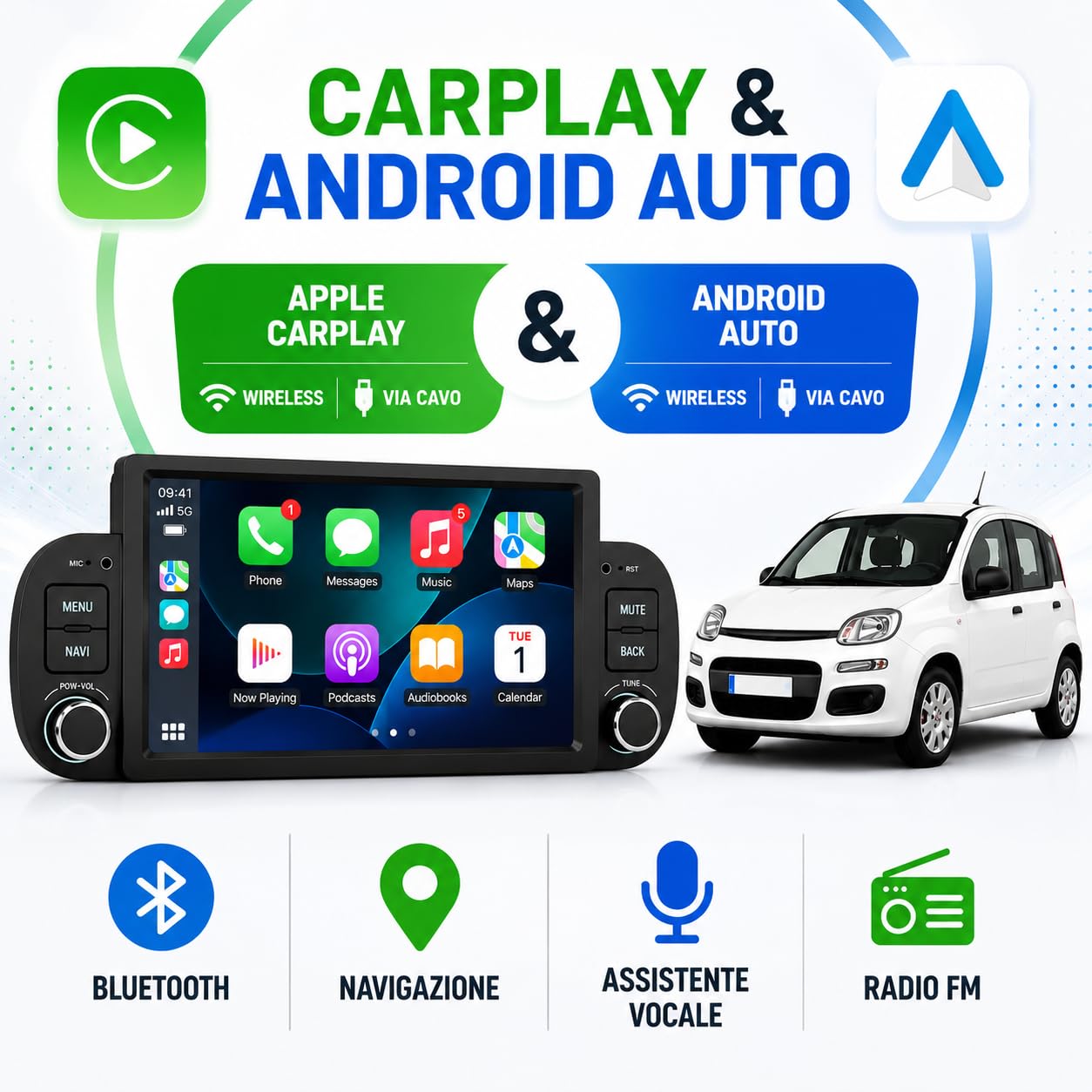 VIBEX | Autoradio per FIAT PANDA dal 2012 al 2023 7 pollici | Wireless CarPlay e Android Auto | Touch | AVVIO FLASH | Bluetooth, WiFi,USB, Comandi al Volante