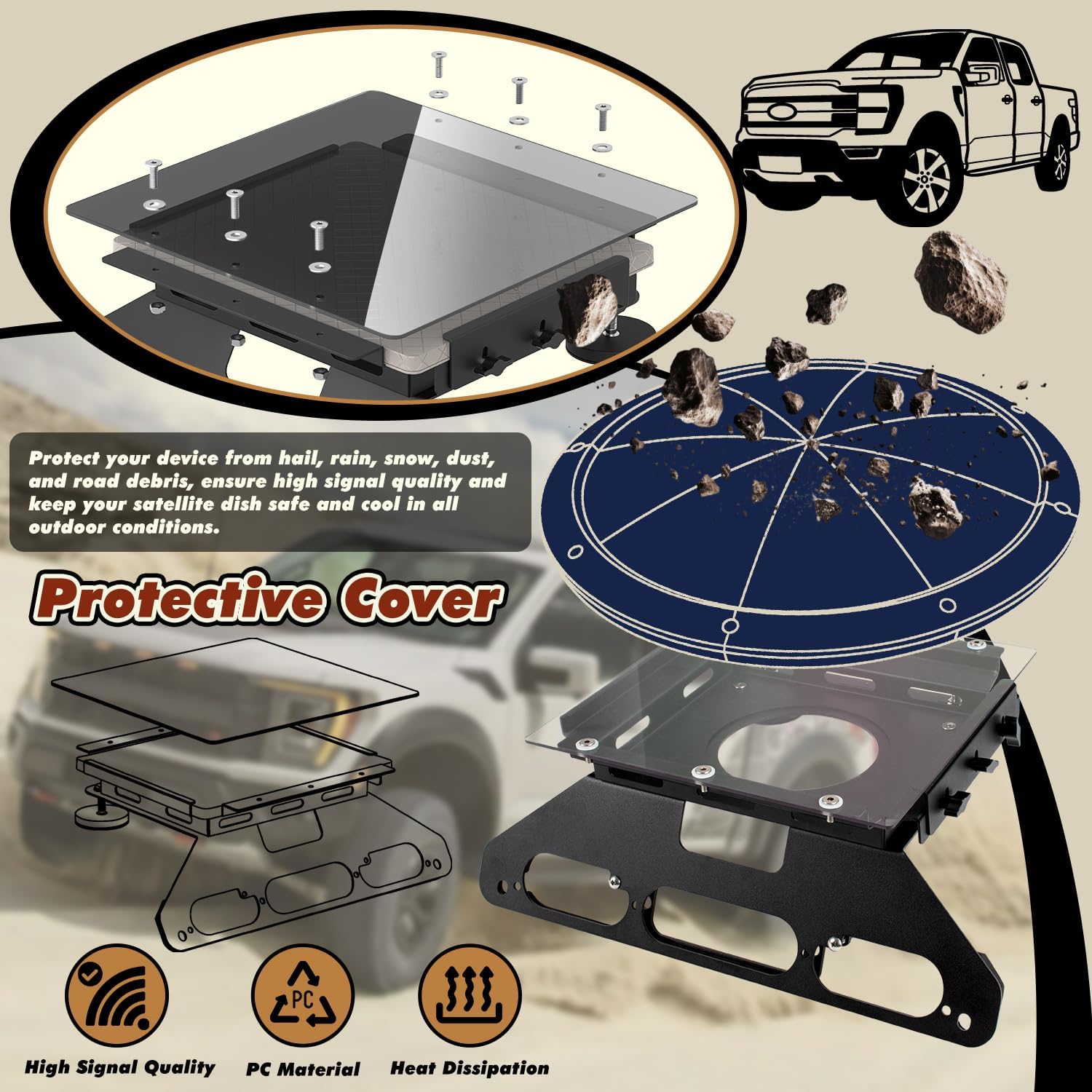 TOPOWN Drill-Free Cab Mount for Starlink Mini for Ford F150 (2015+) with Cover, Truck Mount for Starlink Mini for F250-F550 (2017+),Support Feet for Aluminum Body (US Patent 30/008,384)